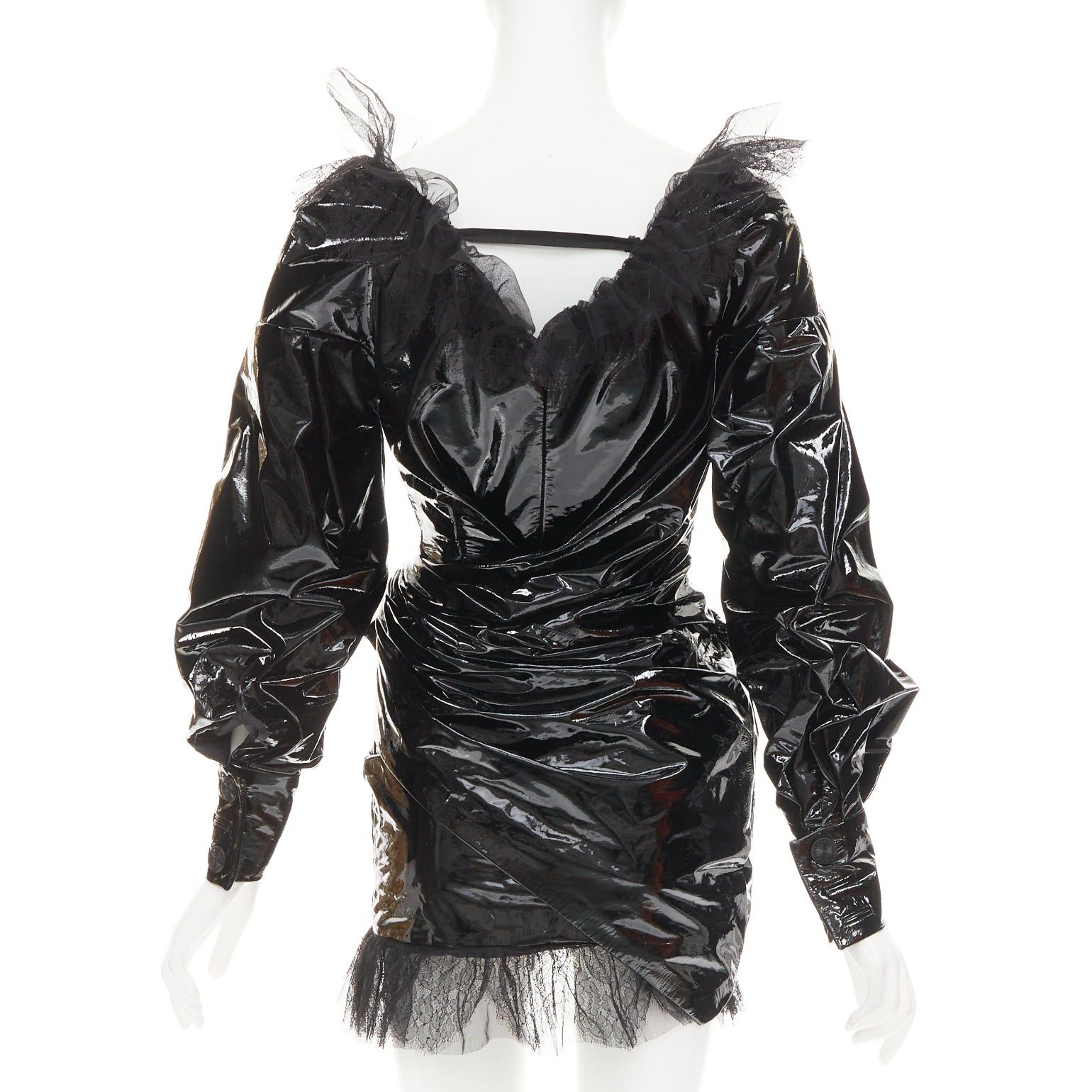 Alexandre Vauthier rare ALEXANDRE VAUTHIER COUTURE AW2018 Runway black PVC tulle lace plunge wrap mini dress Size S / US 4 / IT 40 - 5 Thumbnail
