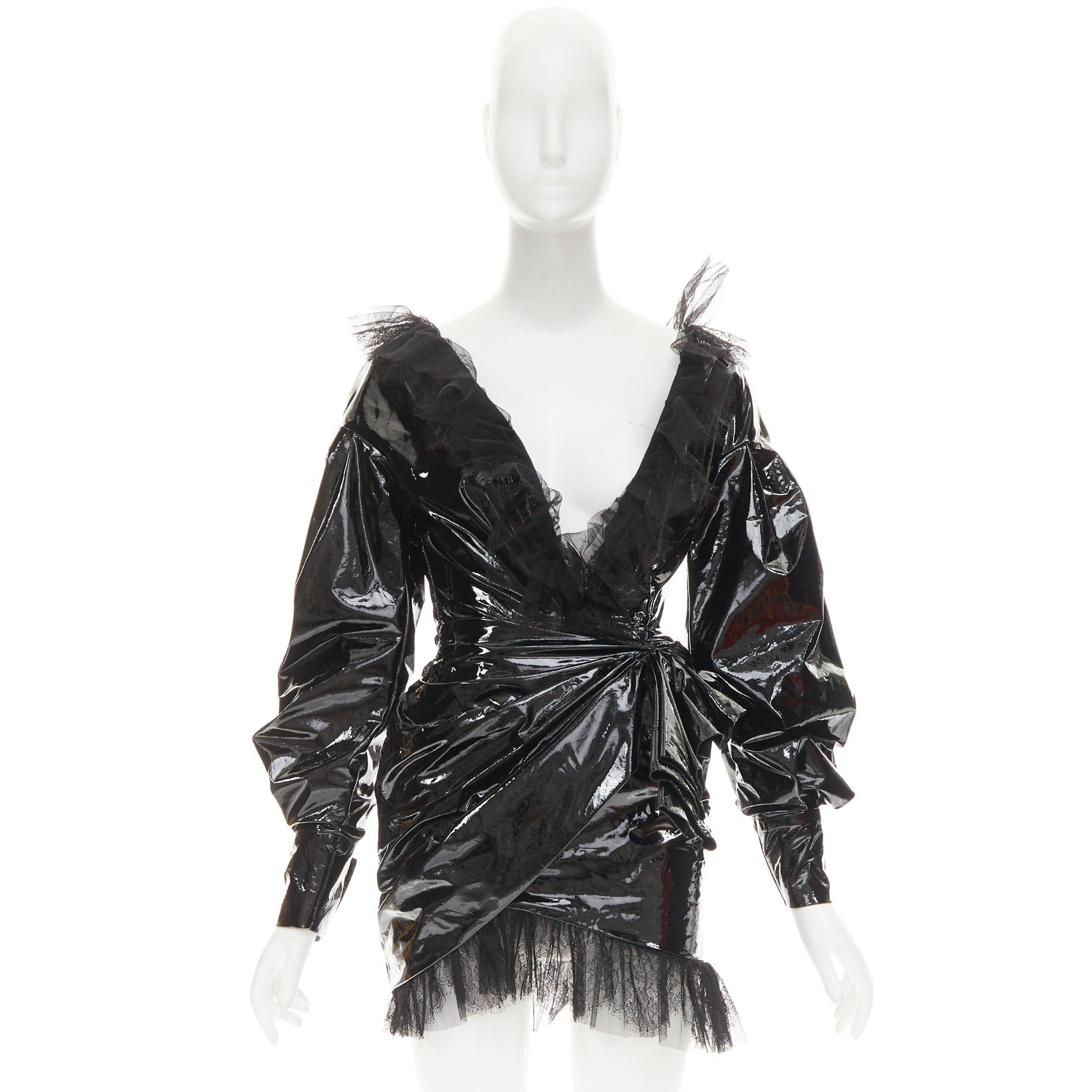 Alexandre Vauthier rare ALEXANDRE VAUTHIER COUTURE AW2018 Runway black PVC tulle lace plunge wrap mini dress Size S / US 4 / IT 40 - 13 Thumbnail