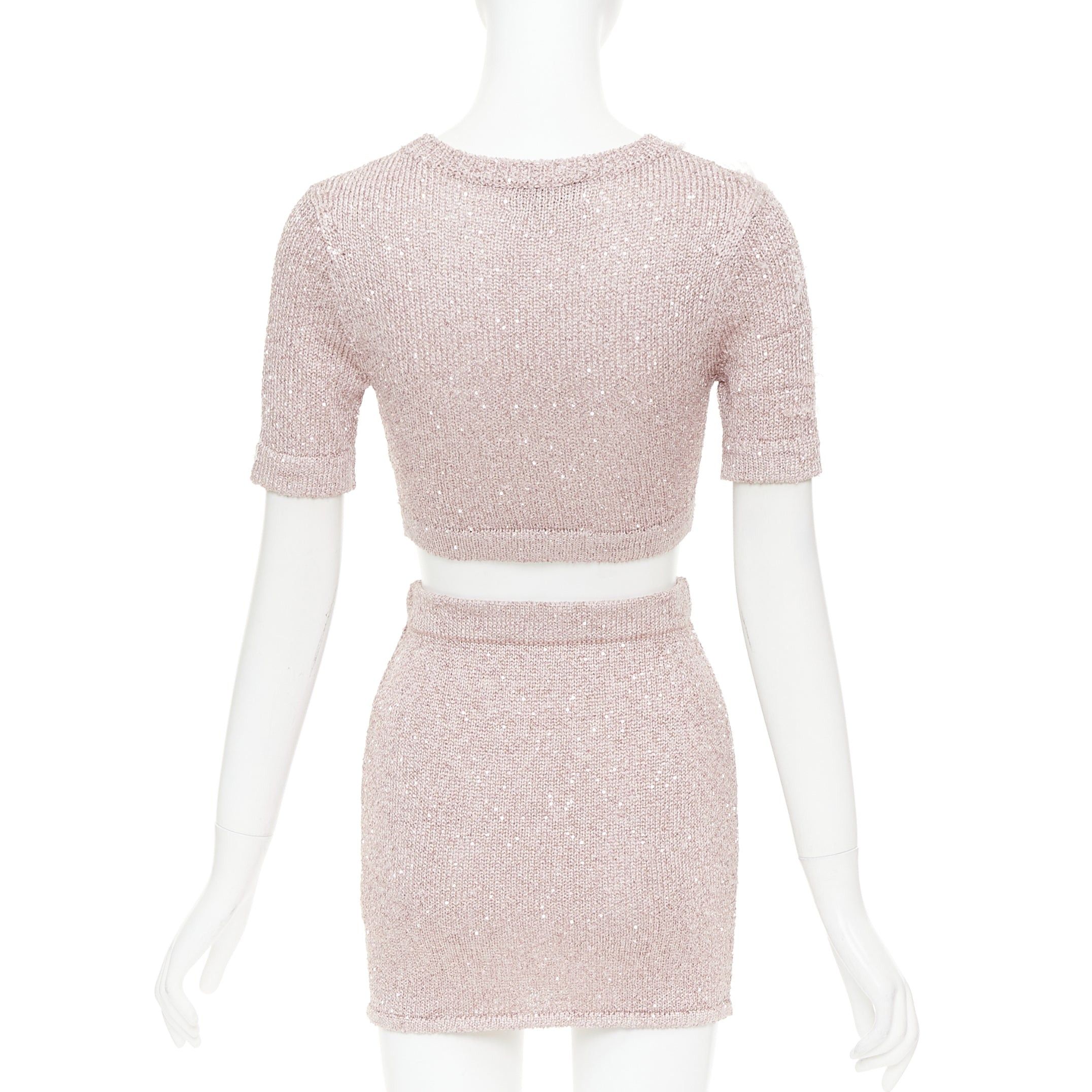 Alexandre Vauthier ALEXANDRE VAUTHIER Rose light pink sequinned metallic lurex knit crop sweater mini skirt Size S / US 4 / IT 40 - 5 Thumbnail