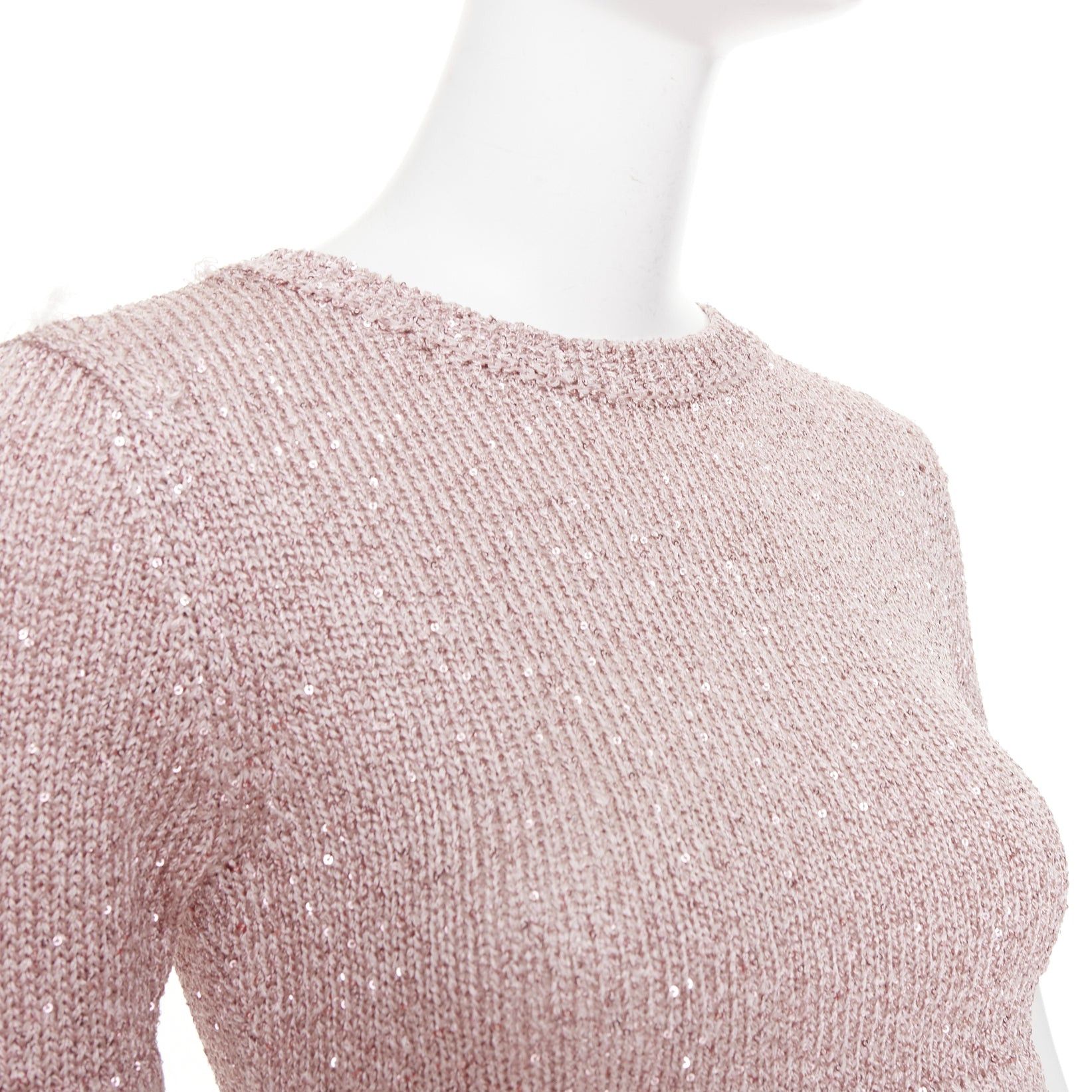 Alexandre Vauthier ALEXANDRE VAUTHIER Rose light pink sequinned metallic lurex knit crop sweater mini skirt Size S / US 4 / IT 40 - 2 Thumbnail