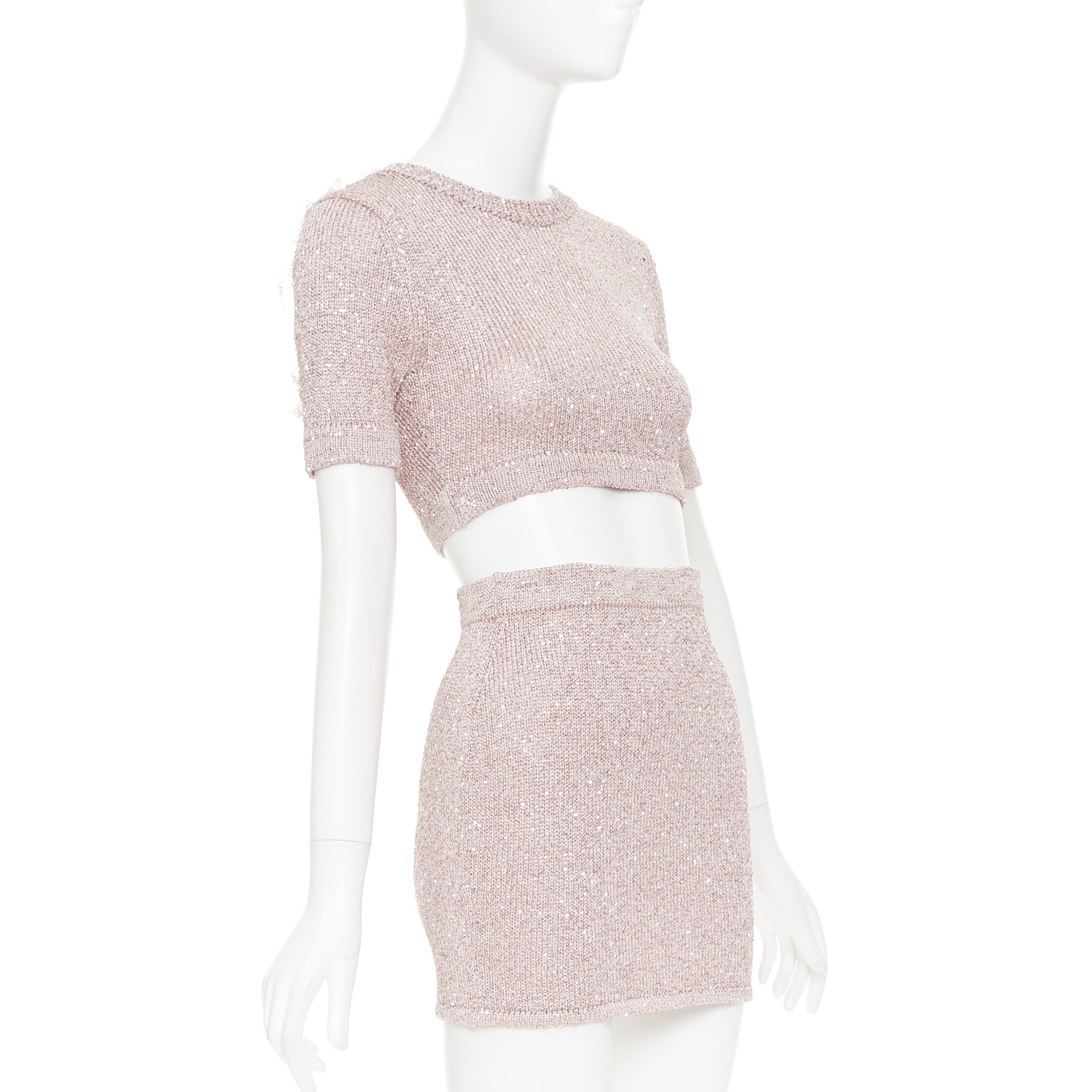 Alexandre Vauthier ALEXANDRE VAUTHIER Rose light pink sequinned metallic lurex knit crop sweater mini skirt Size S / US 4 / IT 40 - 3 Thumbnail