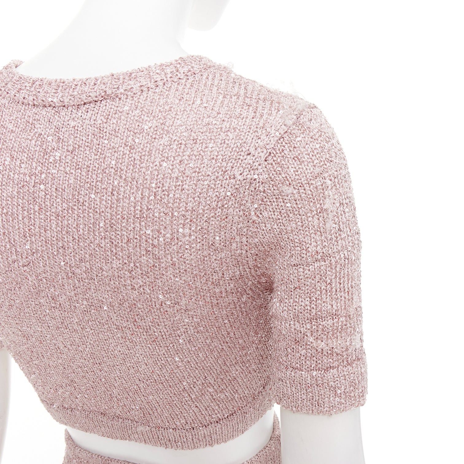 Alexandre Vauthier ALEXANDRE VAUTHIER Rose light pink sequinned metallic lurex knit crop sweater mini skirt Size S / US 4 / IT 40 - 8 Thumbnail