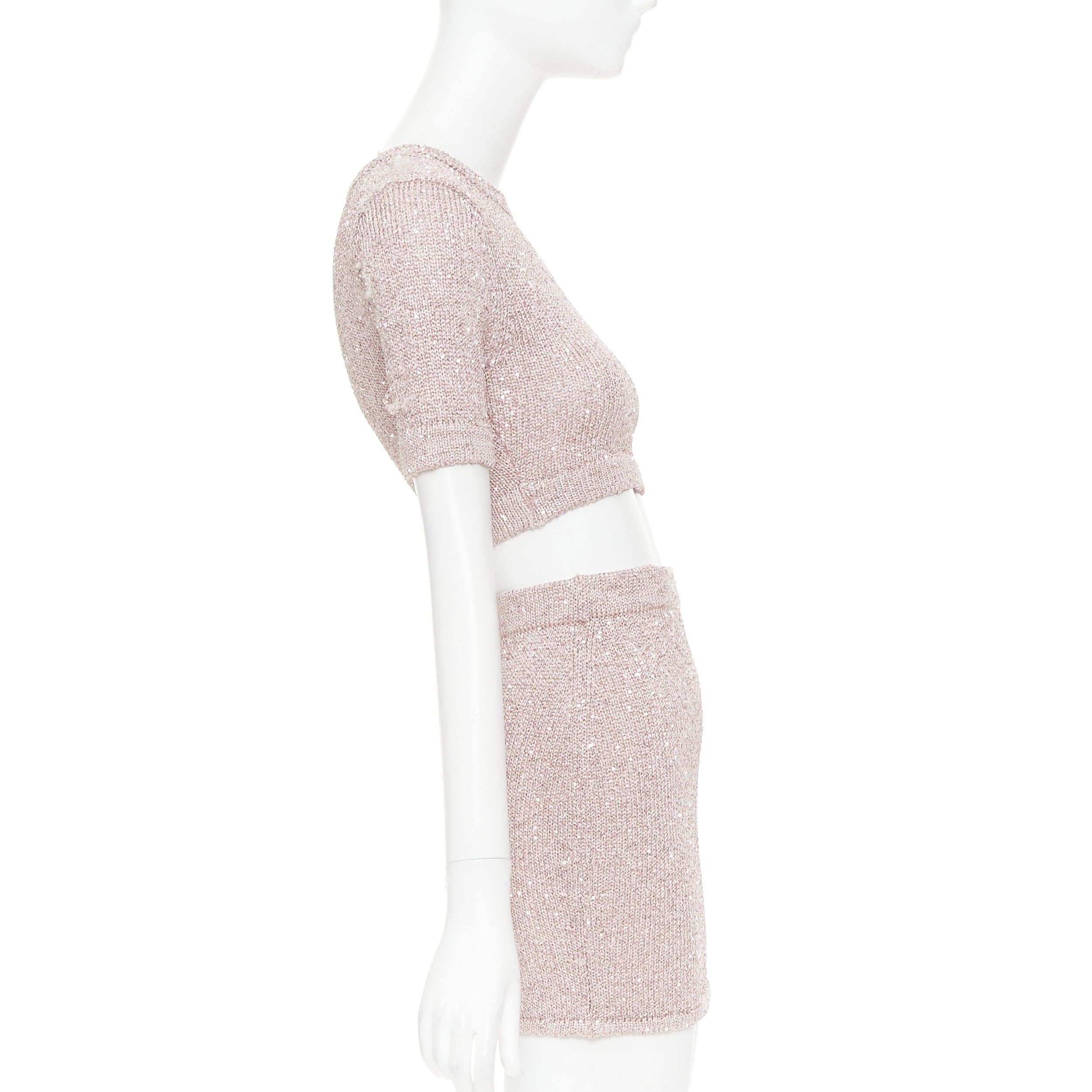 Alexandre Vauthier ALEXANDRE VAUTHIER Rose light pink sequinned metallic lurex knit crop sweater mini skirt Size S / US 4 / IT 40 - 4 Thumbnail