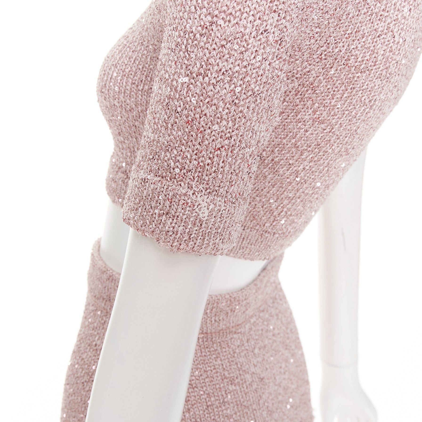 Alexandre Vauthier ALEXANDRE VAUTHIER Rose light pink sequinned metallic lurex knit crop sweater mini skirt Size S / US 4 / IT 40 - 7 Thumbnail