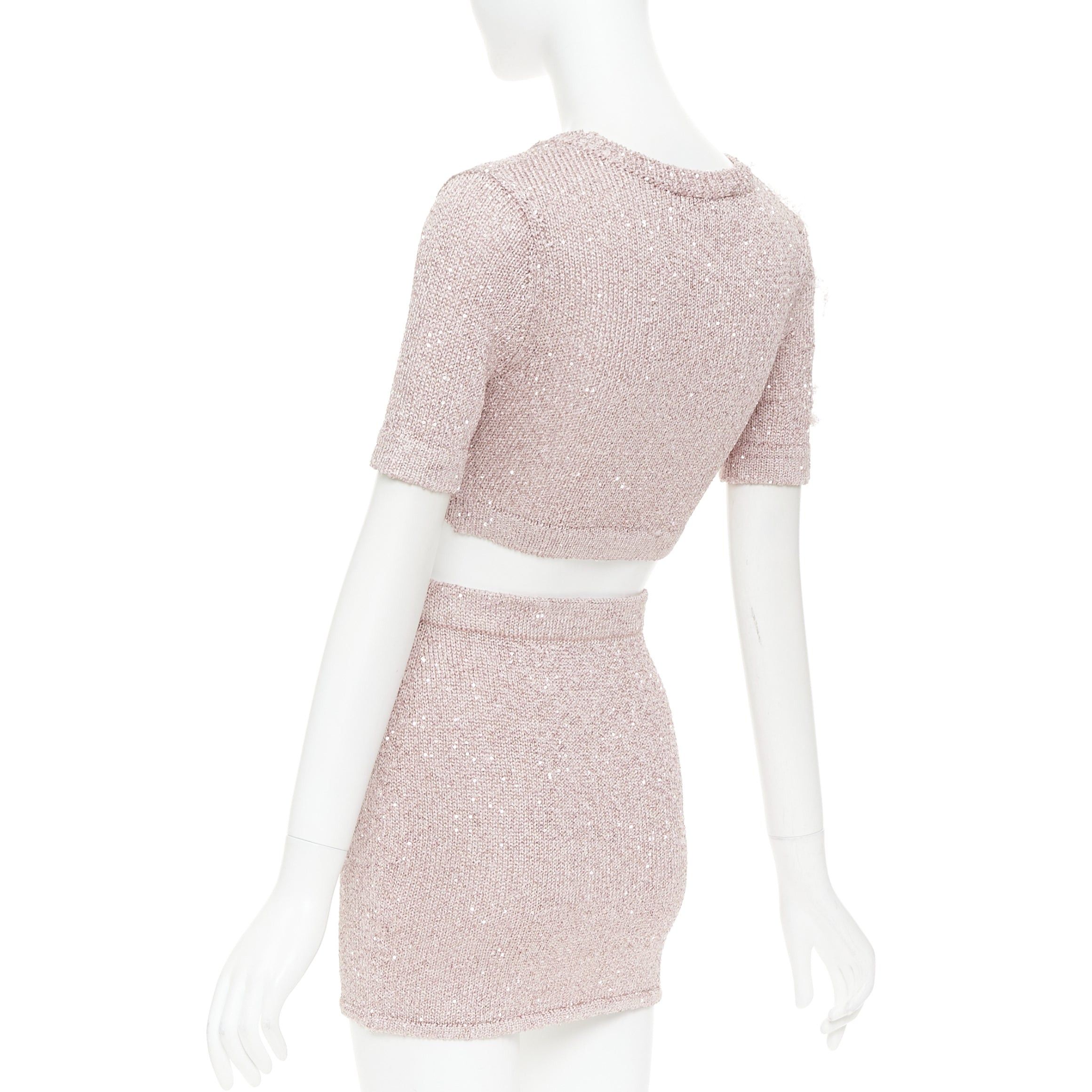 Alexandre Vauthier ALEXANDRE VAUTHIER Rose light pink sequinned metallic lurex knit crop sweater mini skirt Size S / US 4 / IT 40 - 6 Thumbnail