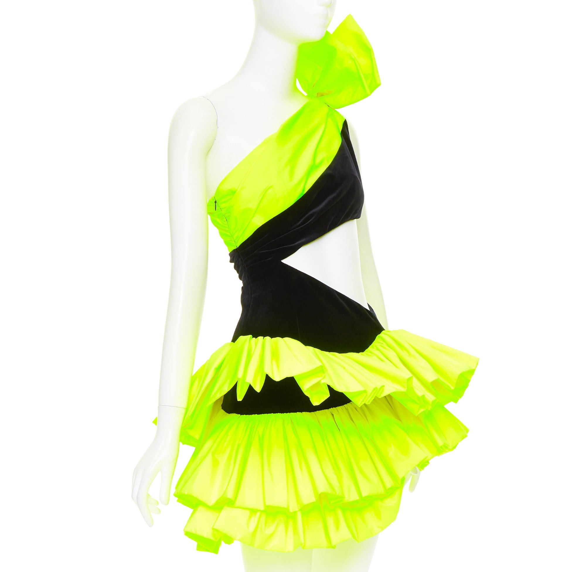 Alexandre Vauthier rare ALEXANDRE VAUTHIER SS2023 Runway neon yellow black velvet cut out ruffle dress Size S / US 4 / IT 40 - 3 Thumbnail
