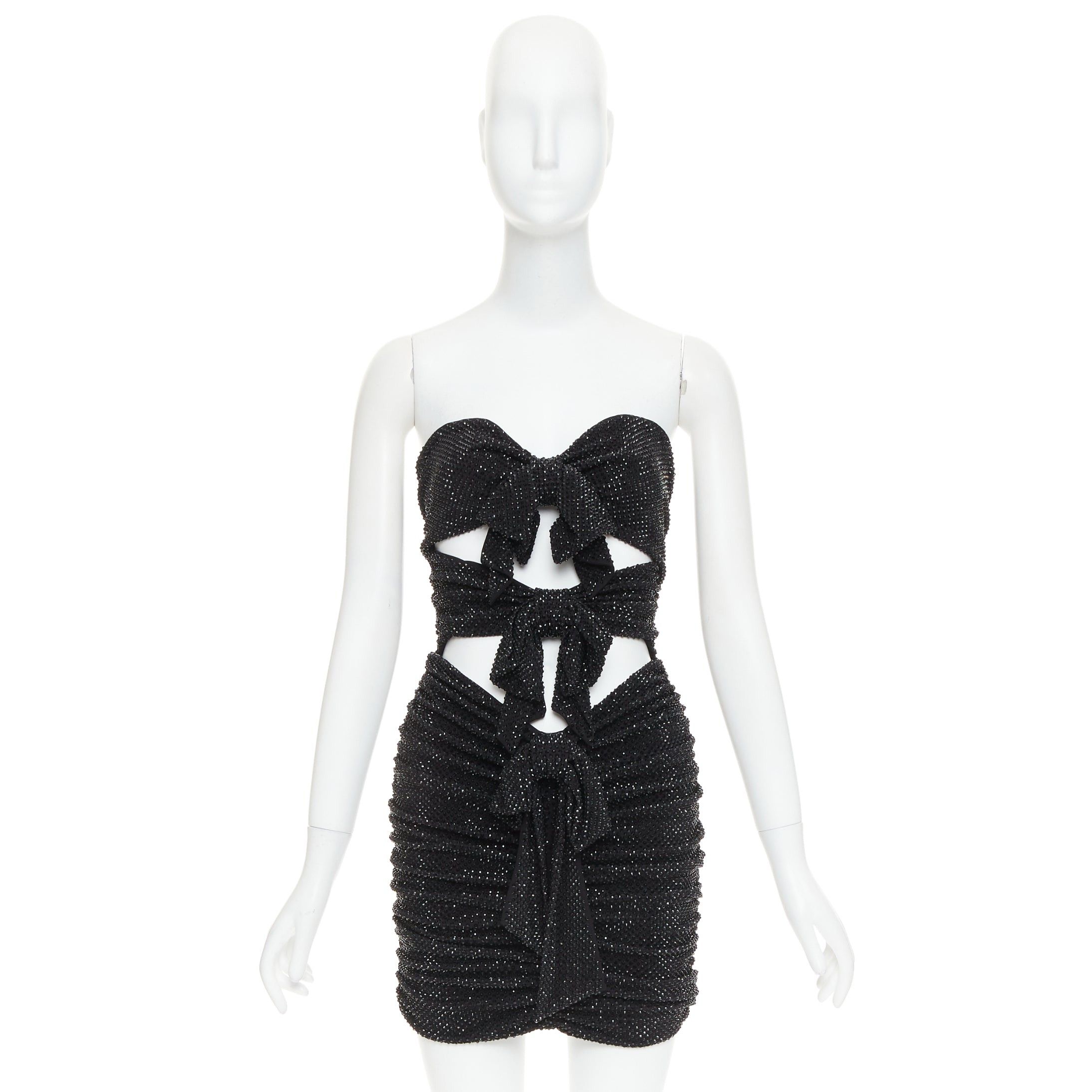 Alexandre Vauthier ALEXANDRE VAUTHIER black strass crystal bow tie cut out ruched mini dress Size S / US 4 / IT 40 - 10 Thumbnail