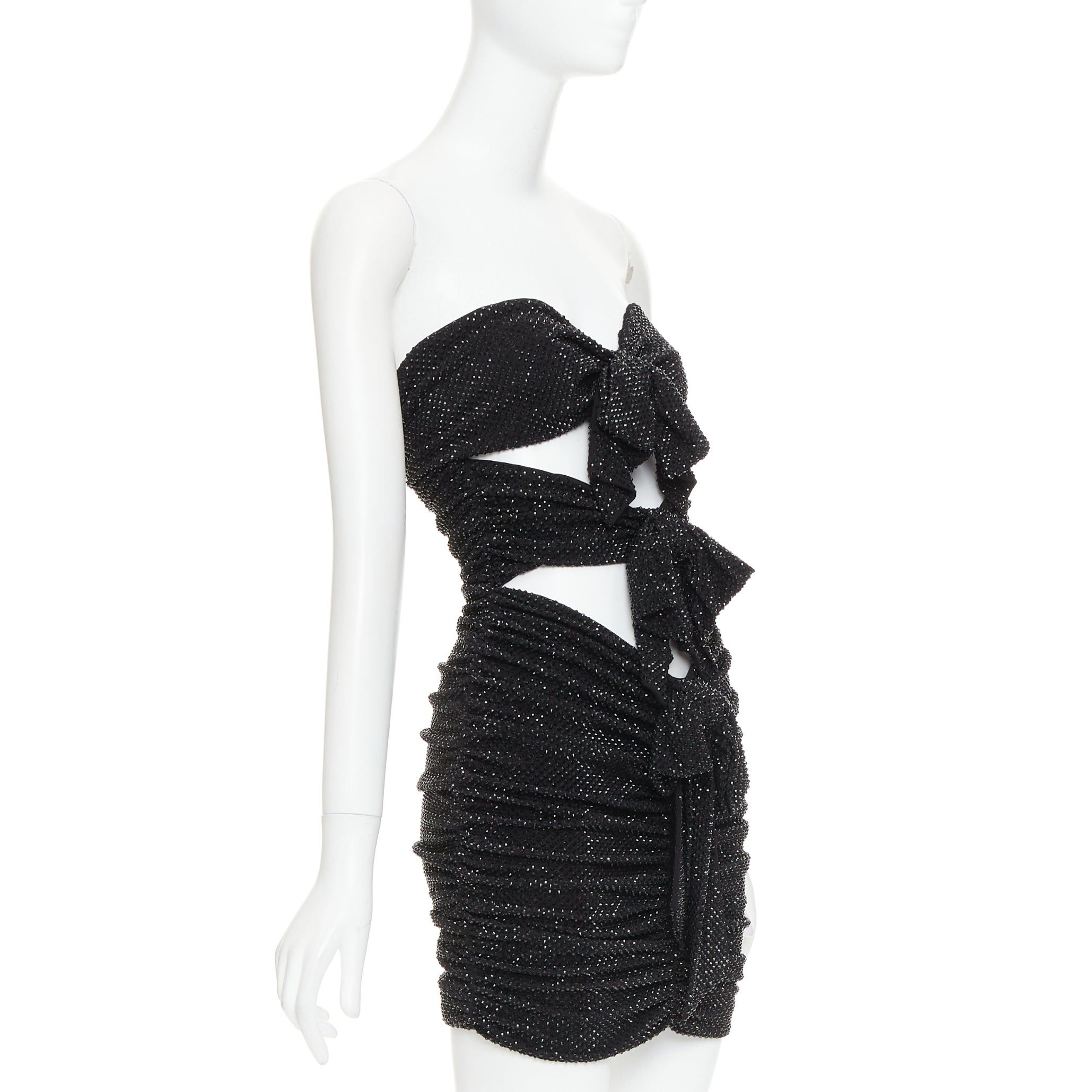 Alexandre Vauthier ALEXANDRE VAUTHIER black strass crystal bow tie cut out ruched mini dress Size S / US 4 / IT 40 - 3 Thumbnail