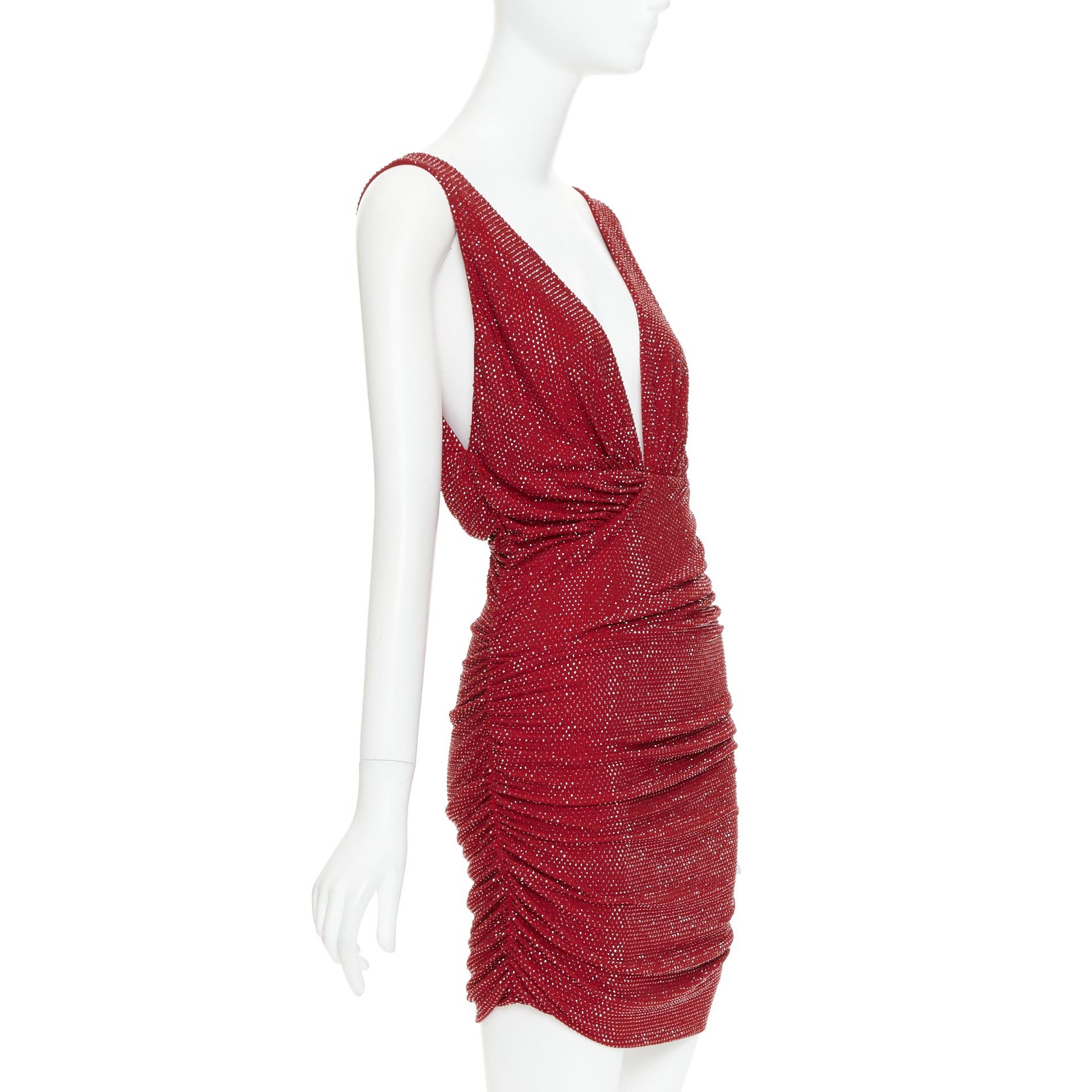 Alexandre Vauthier ALEXANDRE VAUTHIER Daring Red crystal stass encrusted plunge ruched mini dress IT40 S Size S / US 4 / IT 40 - 3 Thumbnail