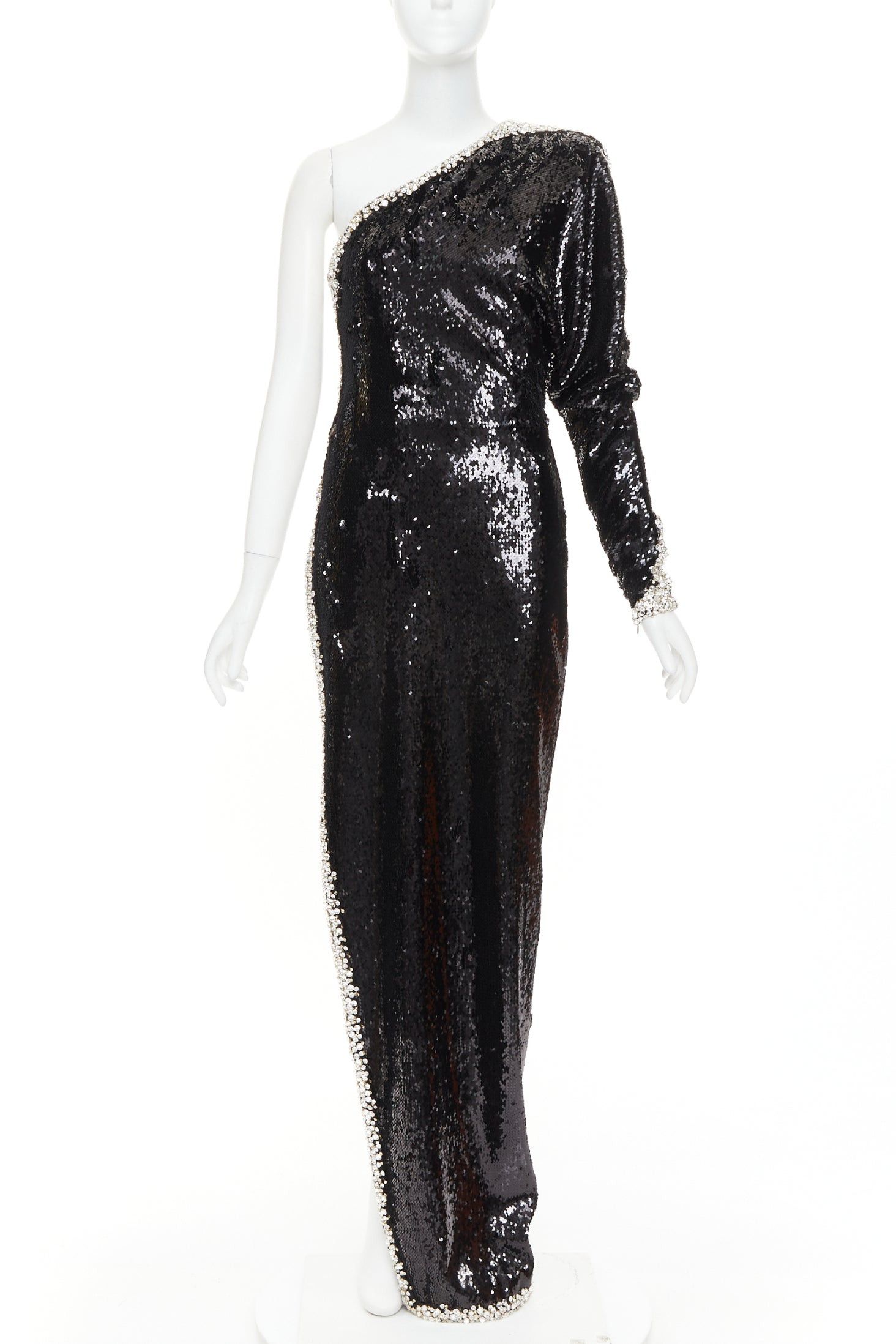 Alexandre Vauthier ALEXANDRE VAUTHIER COUTURE SS2021 black sequin silver crystal bordered one shoulder dress Size S / US 4 / IT 40 - 3 Thumbnail