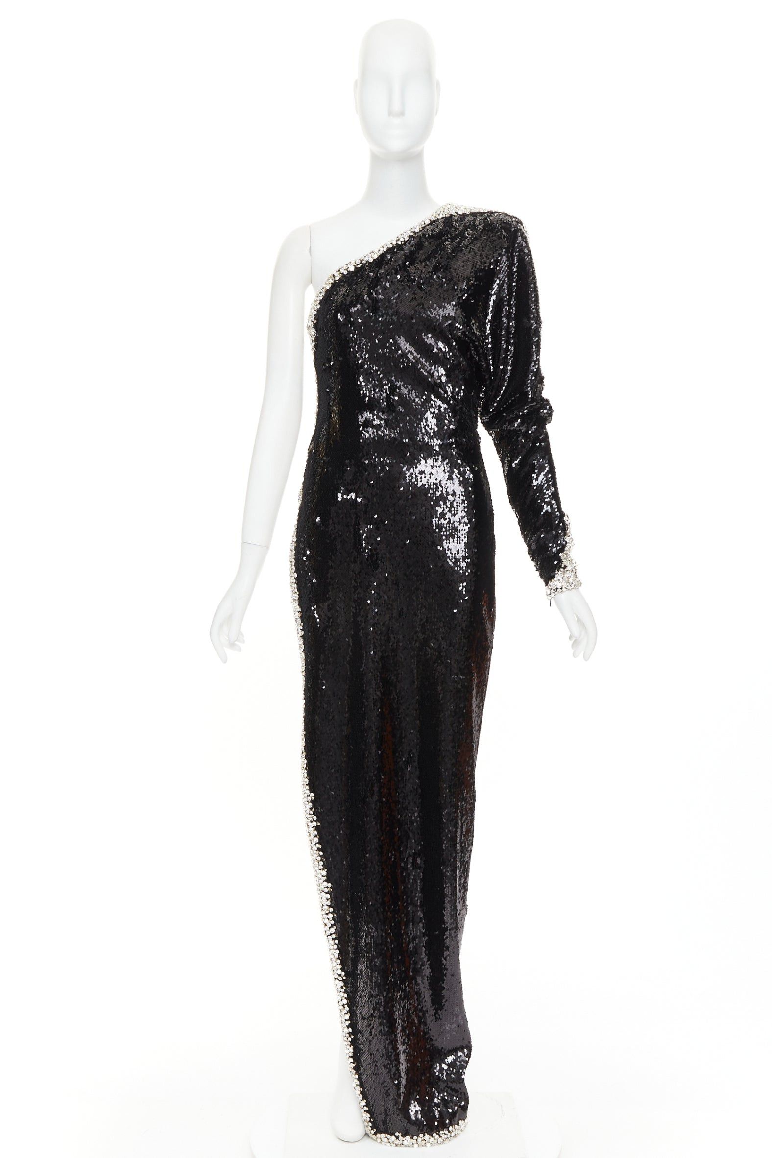 Alexandre Vauthier ALEXANDRE VAUTHIER COUTURE SS2021 black sequin silver crystal bordered one shoulder dress Size S / US 4 / IT 40 - 12 Thumbnail