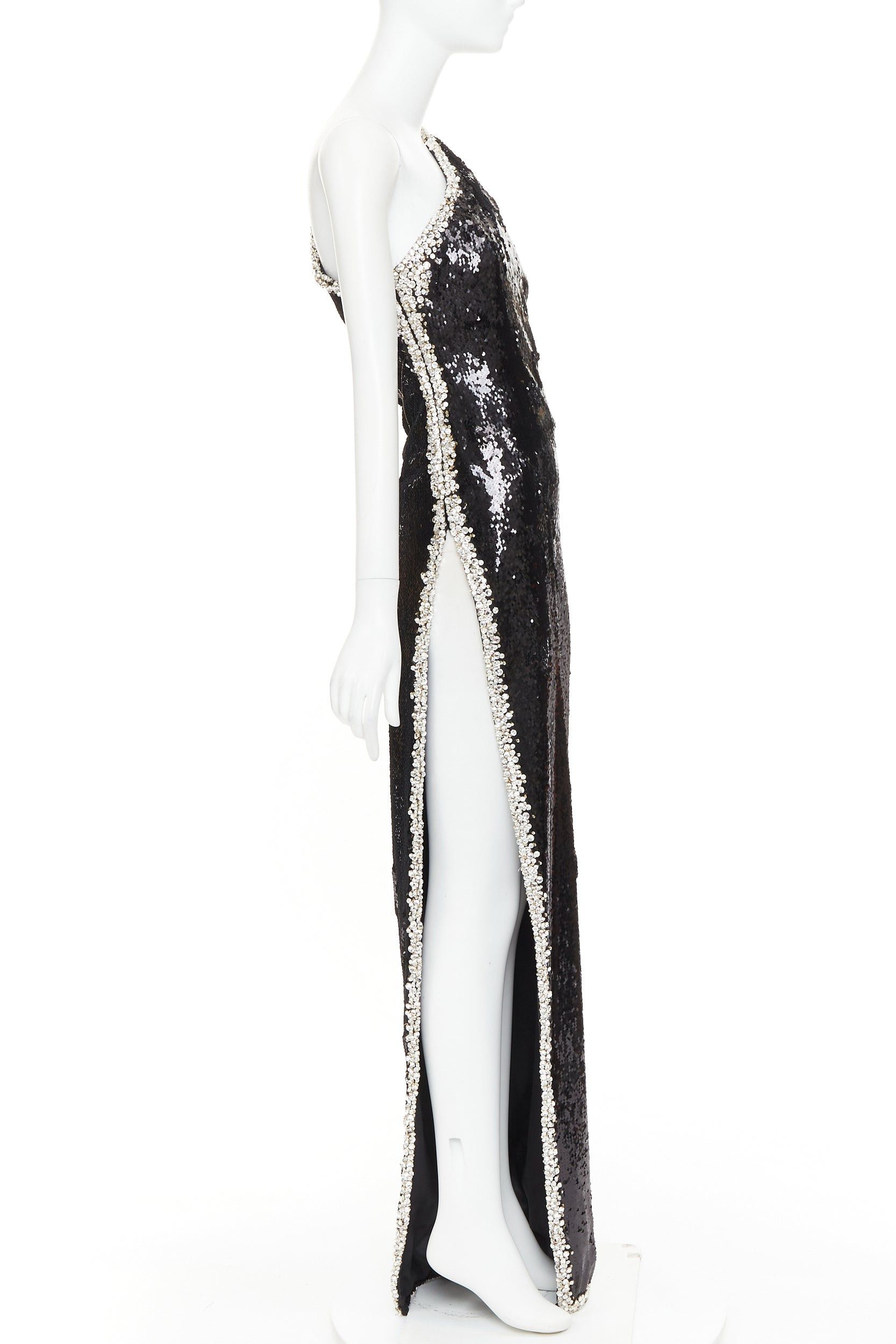 Alexandre Vauthier ALEXANDRE VAUTHIER COUTURE SS2021 black sequin silver crystal bordered one shoulder dress Size S / US 4 / IT 40 - 4 Thumbnail