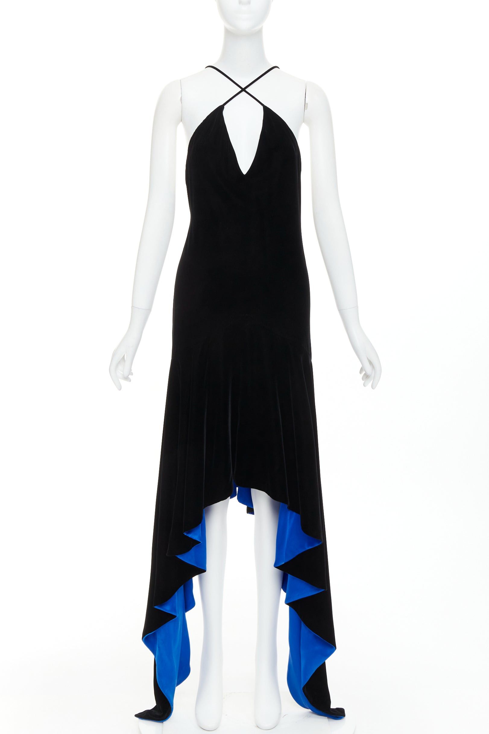 Alexandre Vauthier ALEXANDRE VAUTHIER COUTURE AW2022 Runway black velvet cobalt blue lined symmetric slip dress Size S / US 4 / IT 40 - 2 Thumbnail