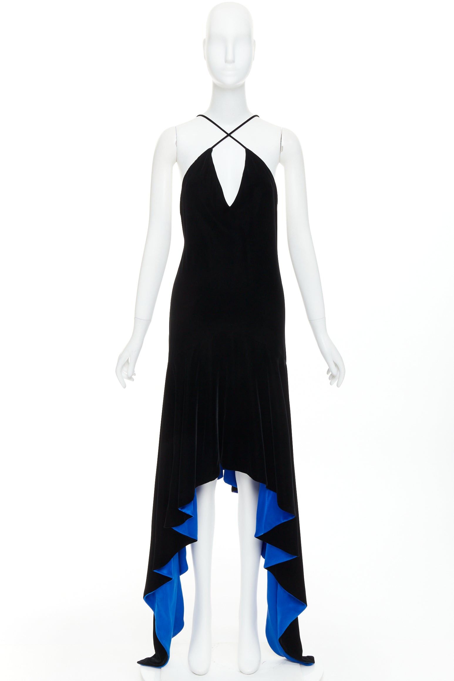 Alexandre Vauthier ALEXANDRE VAUTHIER COUTURE AW2022 Runway black velvet cobalt blue lined symmetric slip dress Size S / US 4 / IT 40 - 12 Thumbnail