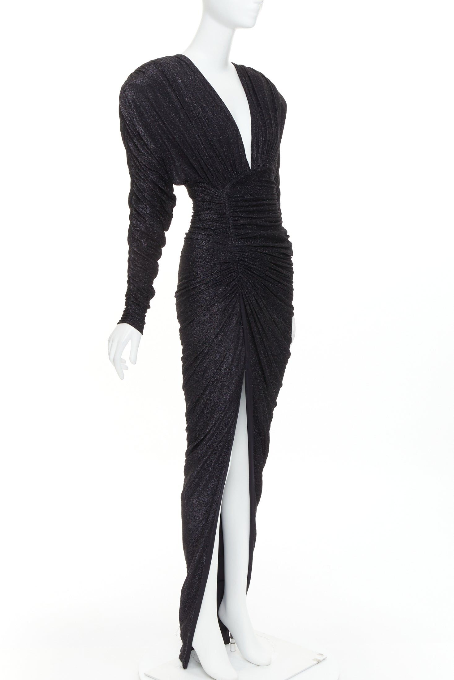 Alexandre Vauthier ALEXANDRE VAUTHIER black metallic lurex Power shoulder padded wrap draped slit gown dress Size S / US 4 / IT 40 - 3 Thumbnail