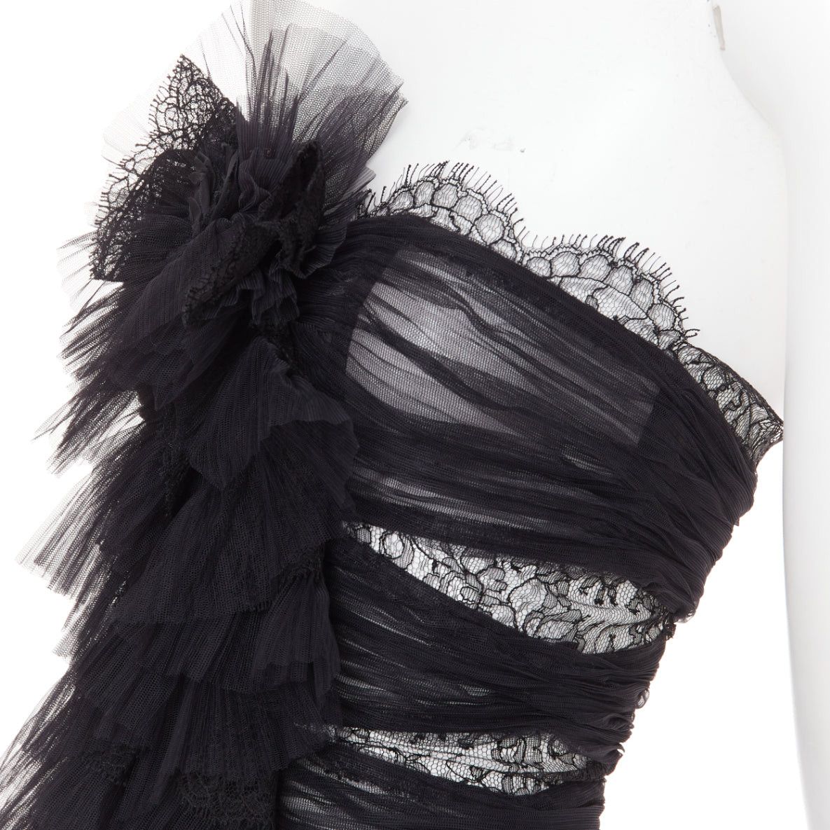 Alexandre Vauthier ALEXANDRE VAUTHIER COUTURE AW2022 Runway black pleated tulle sheer lace bodysuit top Size S / US 4 / IT 40 - 2 Thumbnail