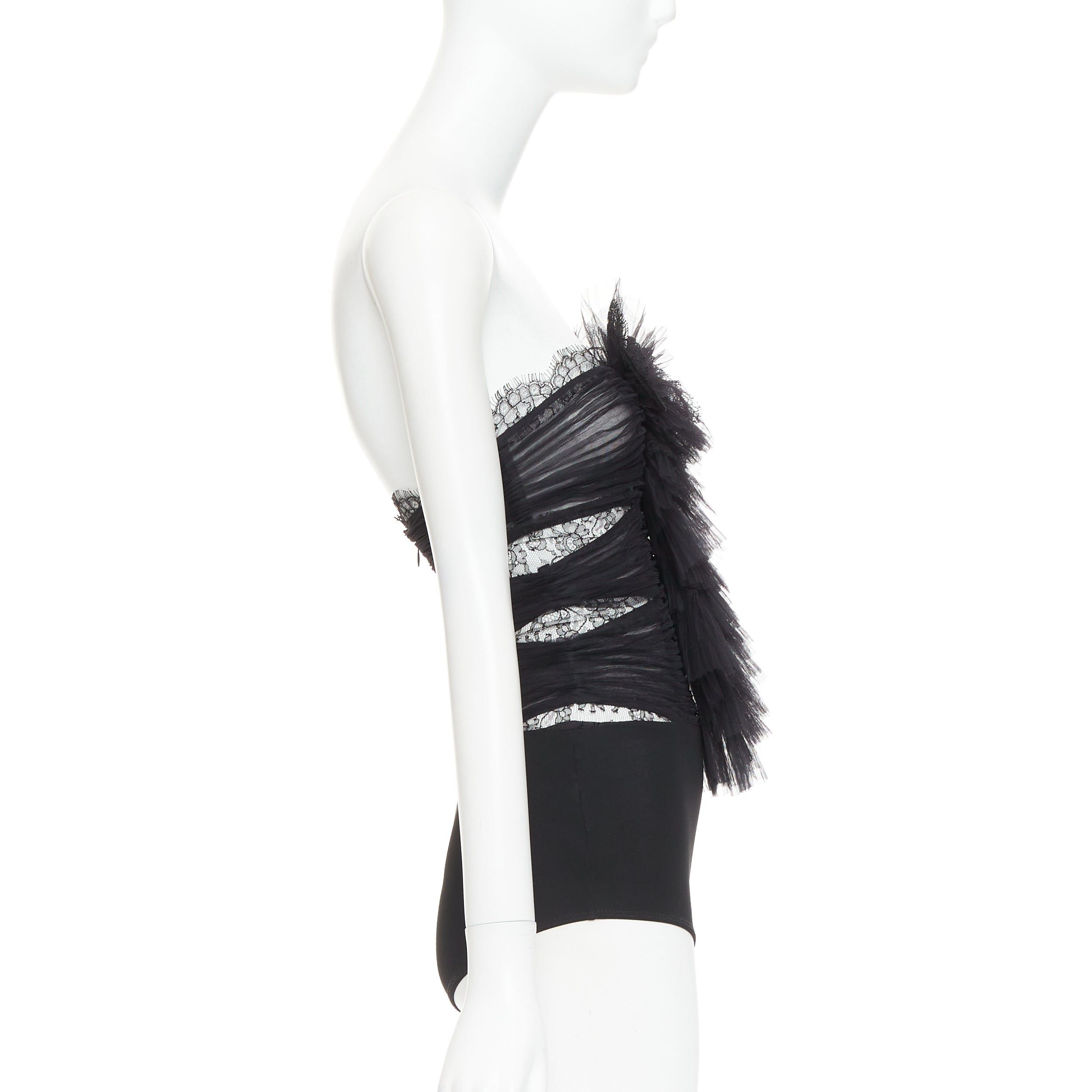 Alexandre Vauthier ALEXANDRE VAUTHIER COUTURE AW2022 Runway black pleated tulle sheer lace bodysuit top Size S / US 4 / IT 40 - 4 Thumbnail
