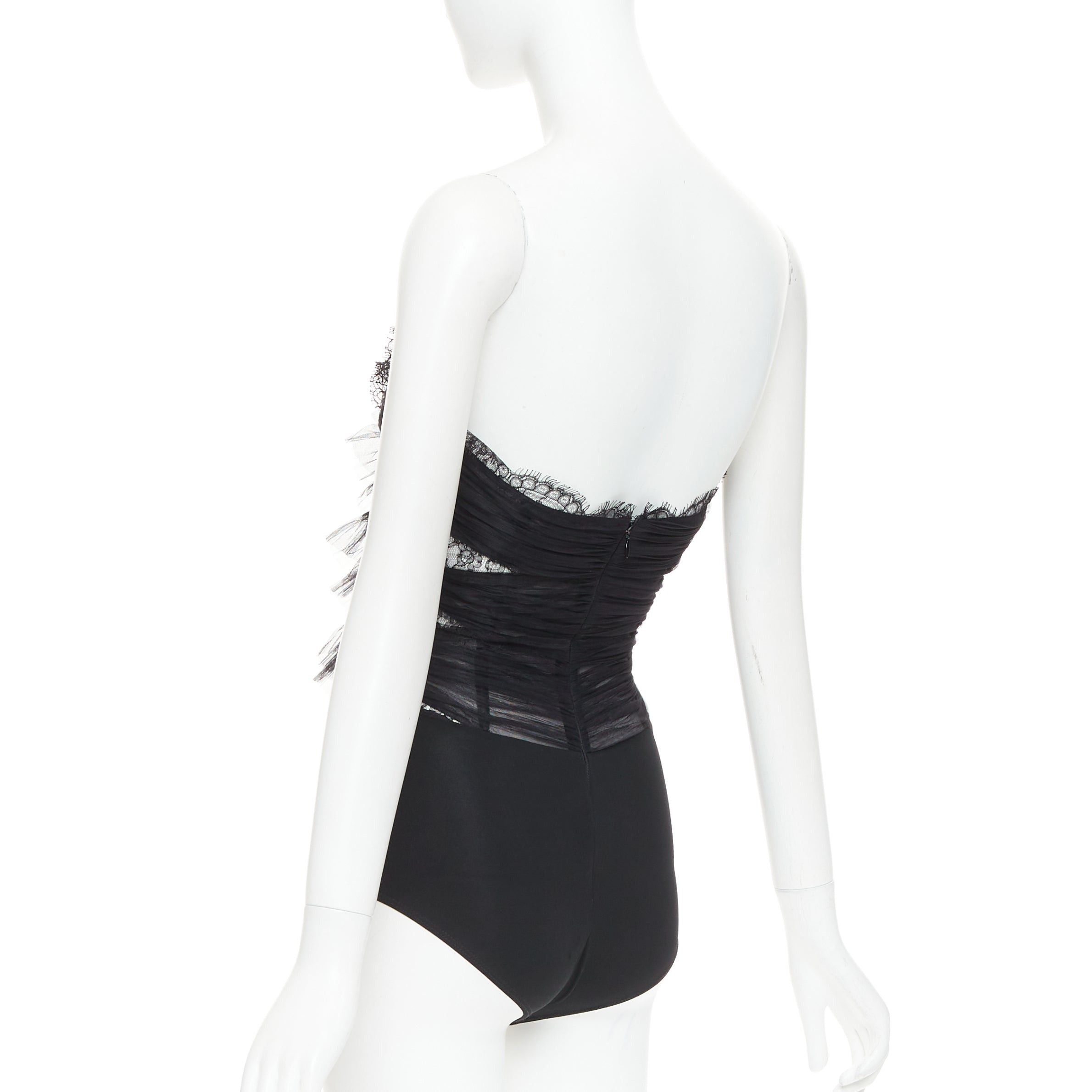Alexandre Vauthier ALEXANDRE VAUTHIER COUTURE AW2022 Runway black pleated tulle sheer lace bodysuit top Size S / US 4 / IT 40 - 6 Thumbnail