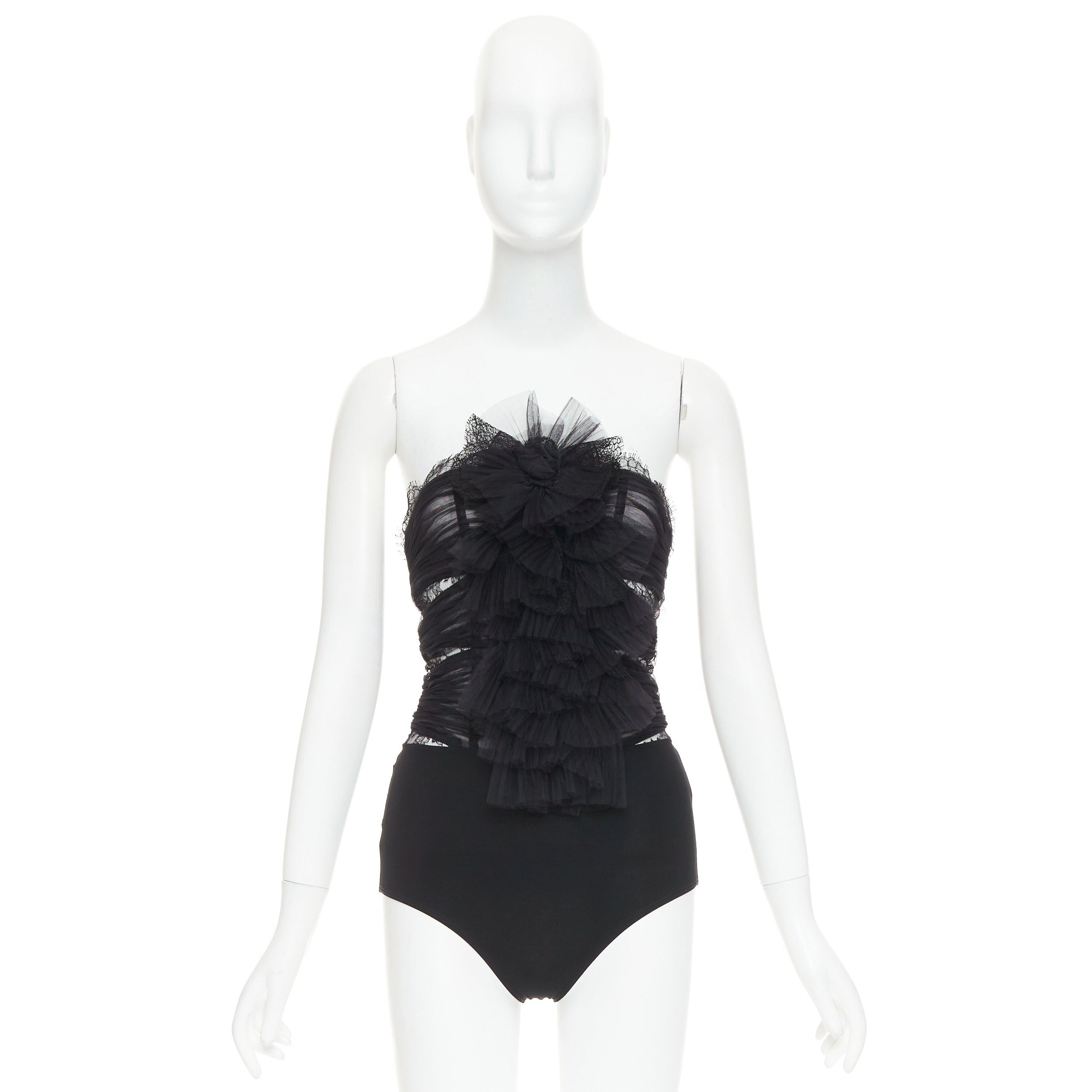 Alexandre Vauthier ALEXANDRE VAUTHIER COUTURE AW2022 Runway black pleated tulle sheer lace bodysuit top Size S / US 4 / IT 40 - 9 Thumbnail