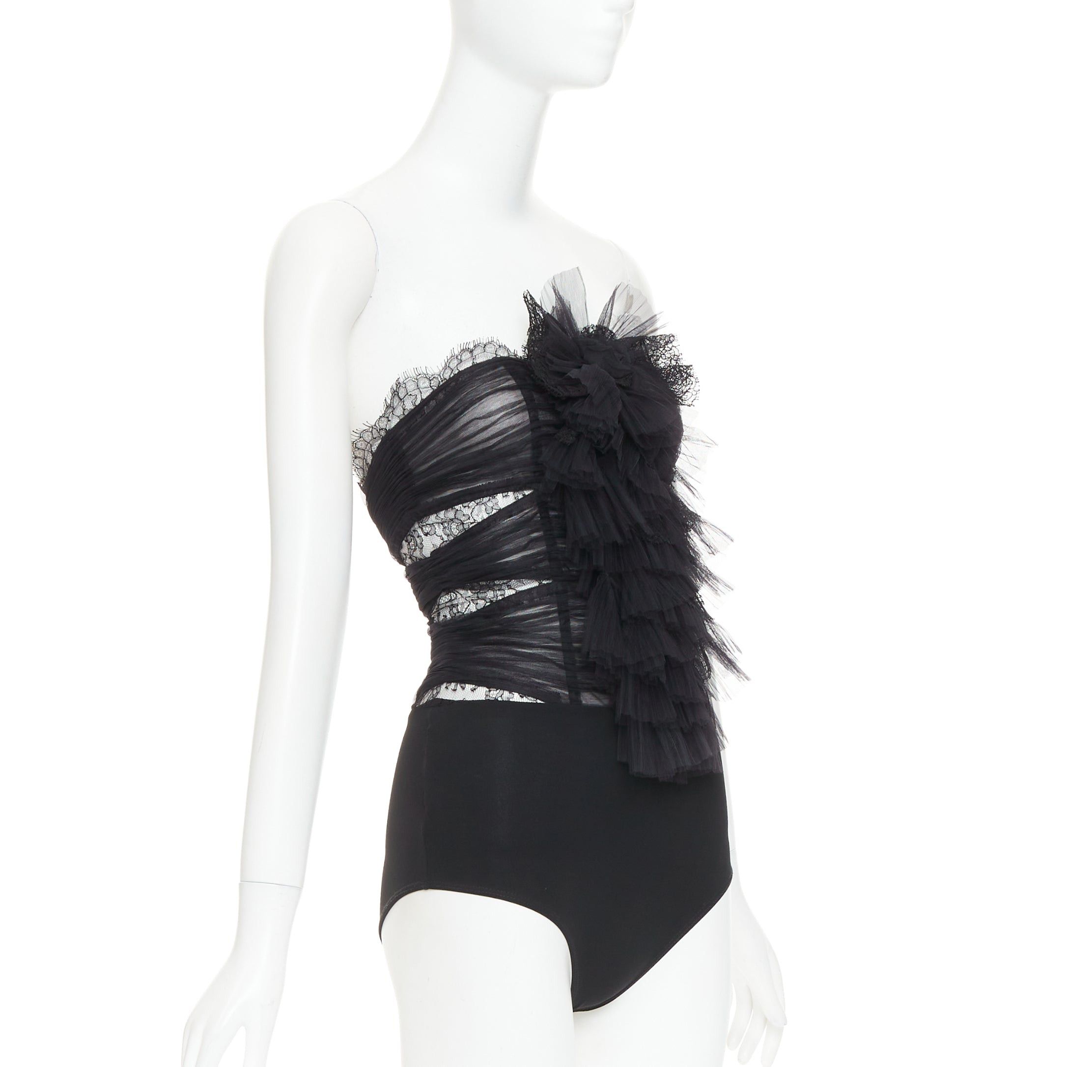 Alexandre Vauthier ALEXANDRE VAUTHIER COUTURE AW2022 Runway black pleated tulle sheer lace bodysuit top Size S / US 4 / IT 40 - 3 Thumbnail