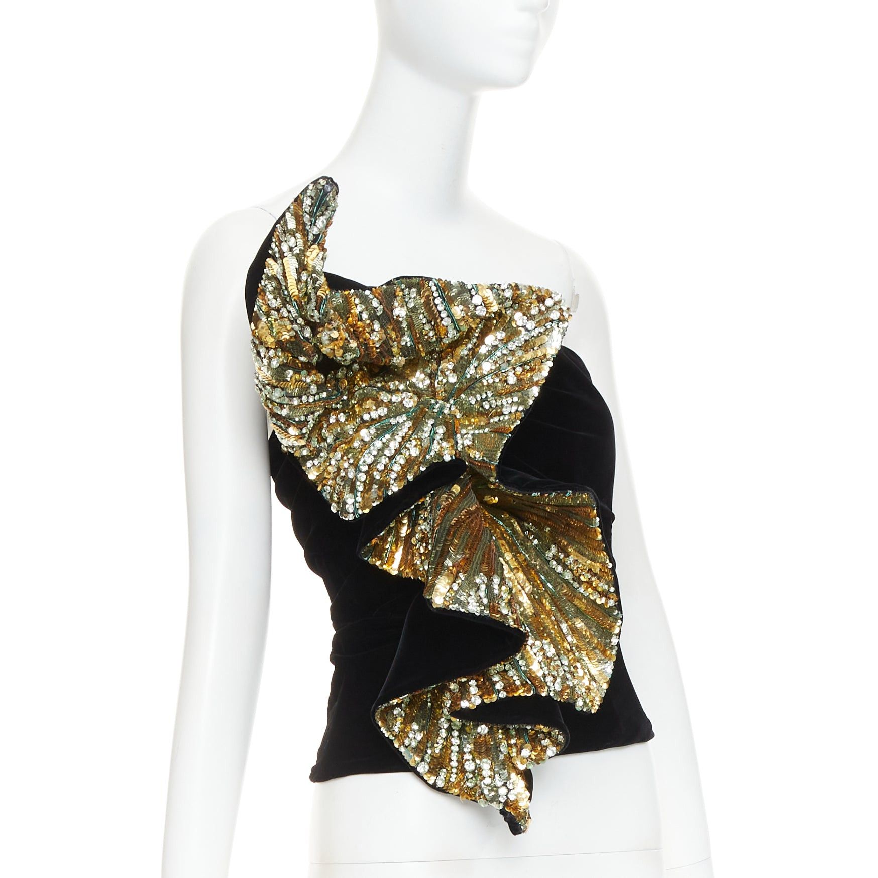 Alexandre Vauthier rare ALEXANDRE VAUTHIER COUTURE AW2017 Runway Maison Lesage gold sequin crystals bead embellished ruffle velvet top Size S / US 4 / IT 40 - 3 Thumbnail
