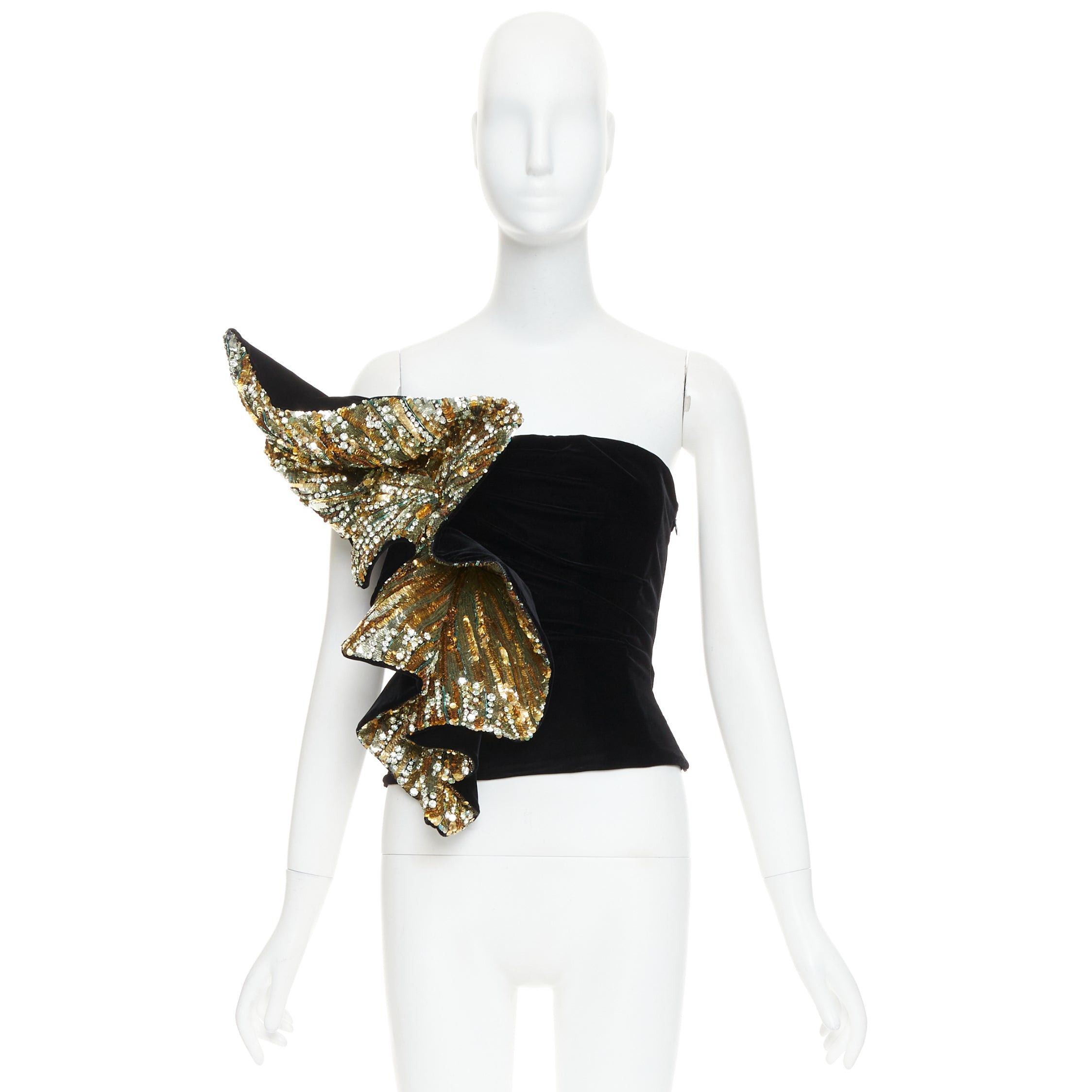 Alexandre Vauthier rare ALEXANDRE VAUTHIER COUTURE AW2017 Runway Maison Lesage gold sequin crystals bead embellished ruffle velvet top Size S / US 4 / IT 40 - 11 Thumbnail