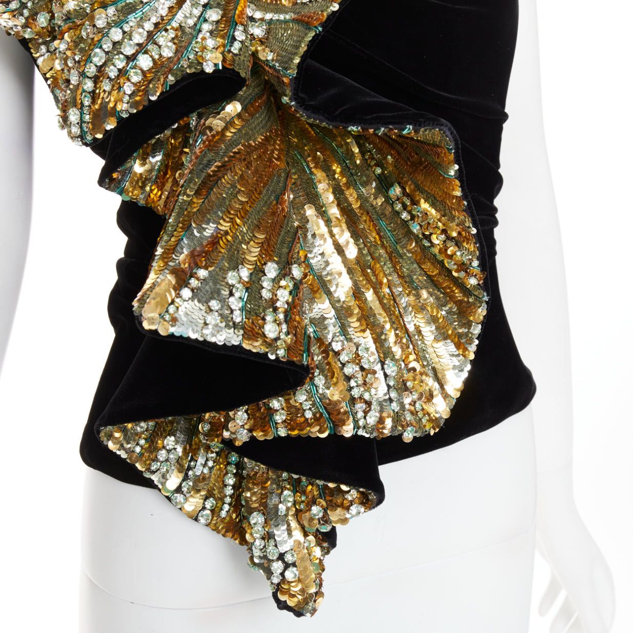 Alexandre Vauthier rare ALEXANDRE VAUTHIER COUTURE AW2017 Runway Maison Lesage gold sequin crystals bead embellished ruffle velvet top Size S / US 4 / IT 40 - 2 Thumbnail
