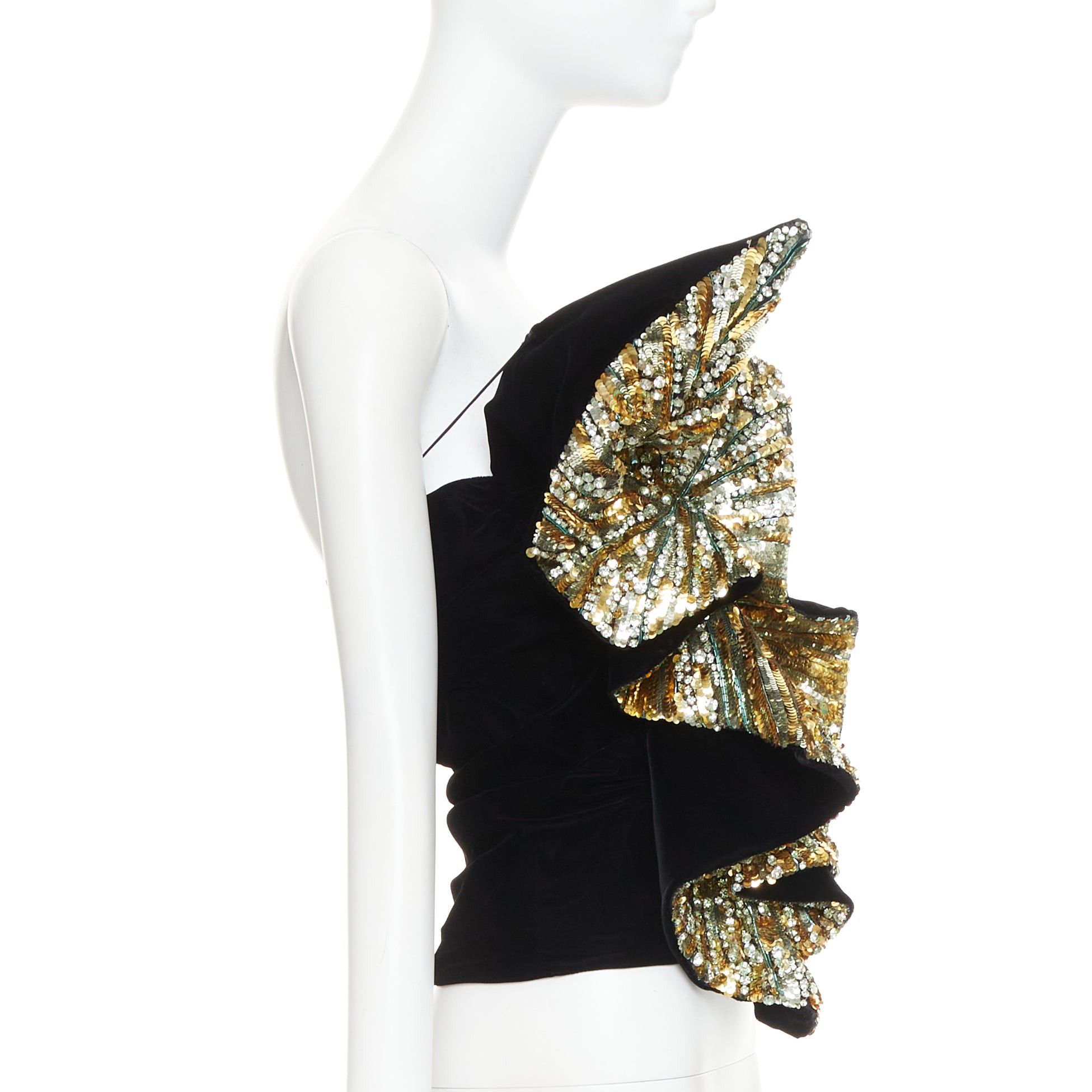 Alexandre Vauthier rare ALEXANDRE VAUTHIER COUTURE AW2017 Runway Maison Lesage gold sequin crystals bead embellished ruffle velvet top Size S / US 4 / IT 40 - 4 Thumbnail