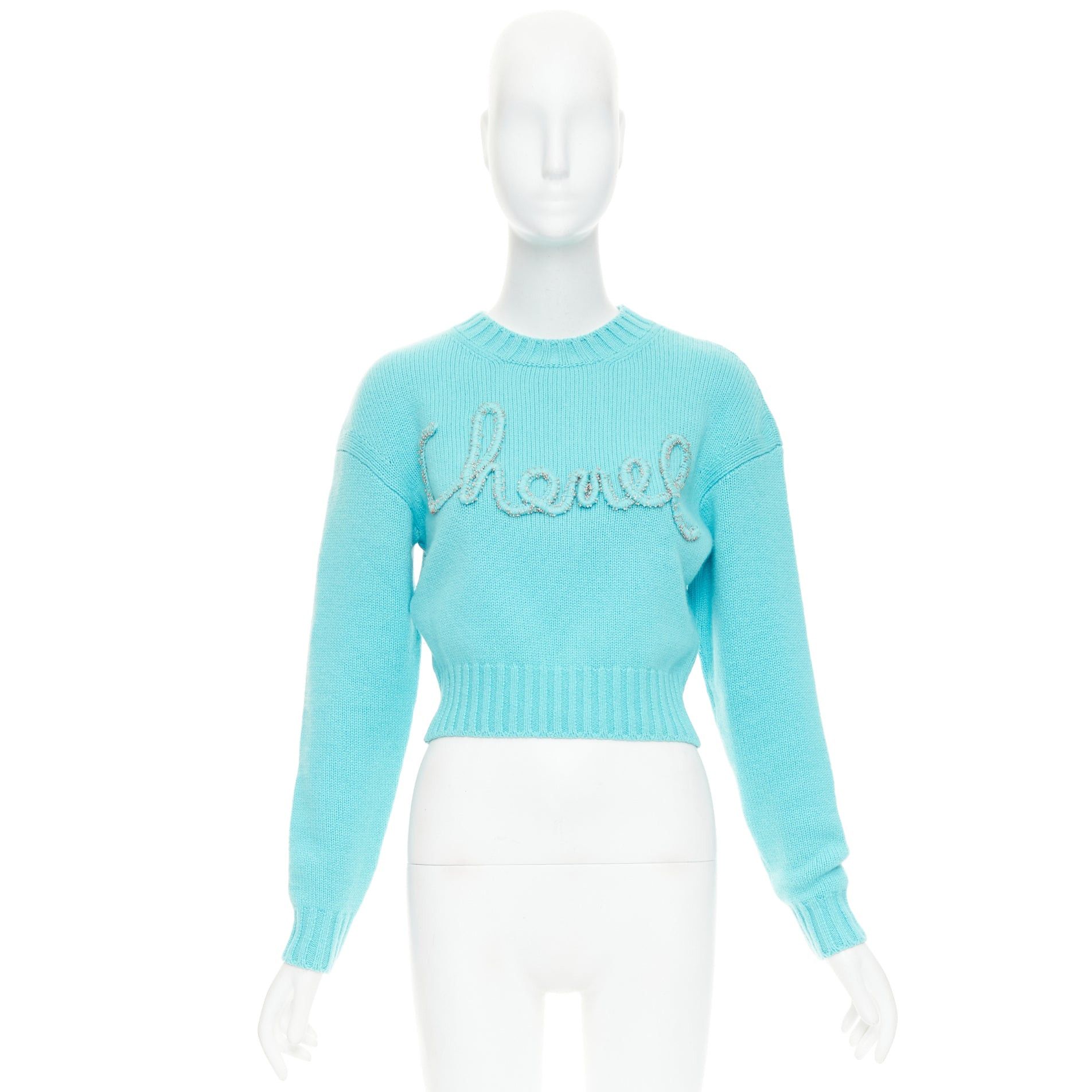 Chanel CHANEL 2020 100% cashmere cyan blue CC cursive logo cropped sweater¬† FR36 S Size S / US 4 / IT 40 - 9 Thumbnail