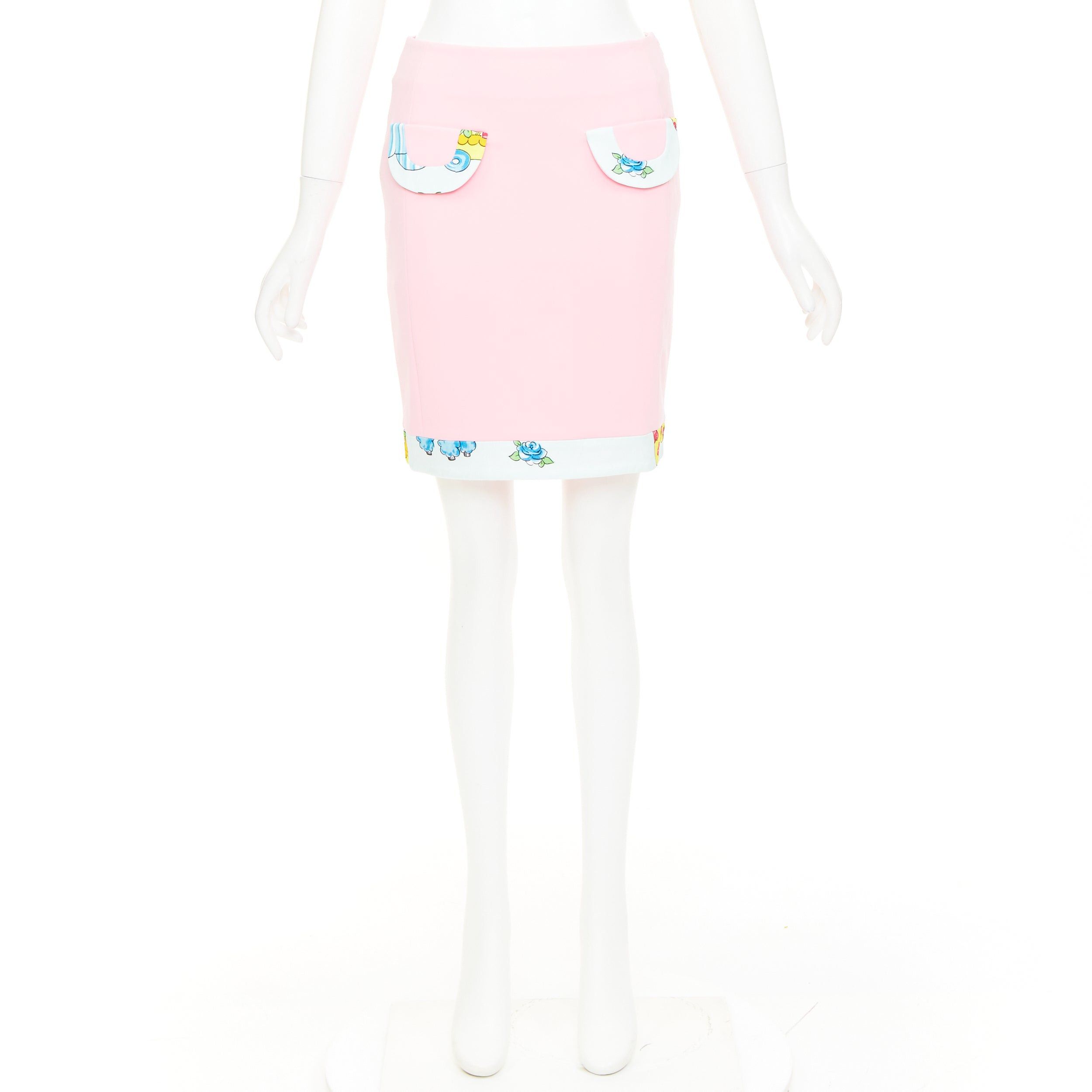 Moschino MOSCHINO COUTURE! 2022 Runway Calico Animals pink cream floral print trim mini skirt IT38 XS Size 26" / US 2 / IT 38 - 9 Thumbnail