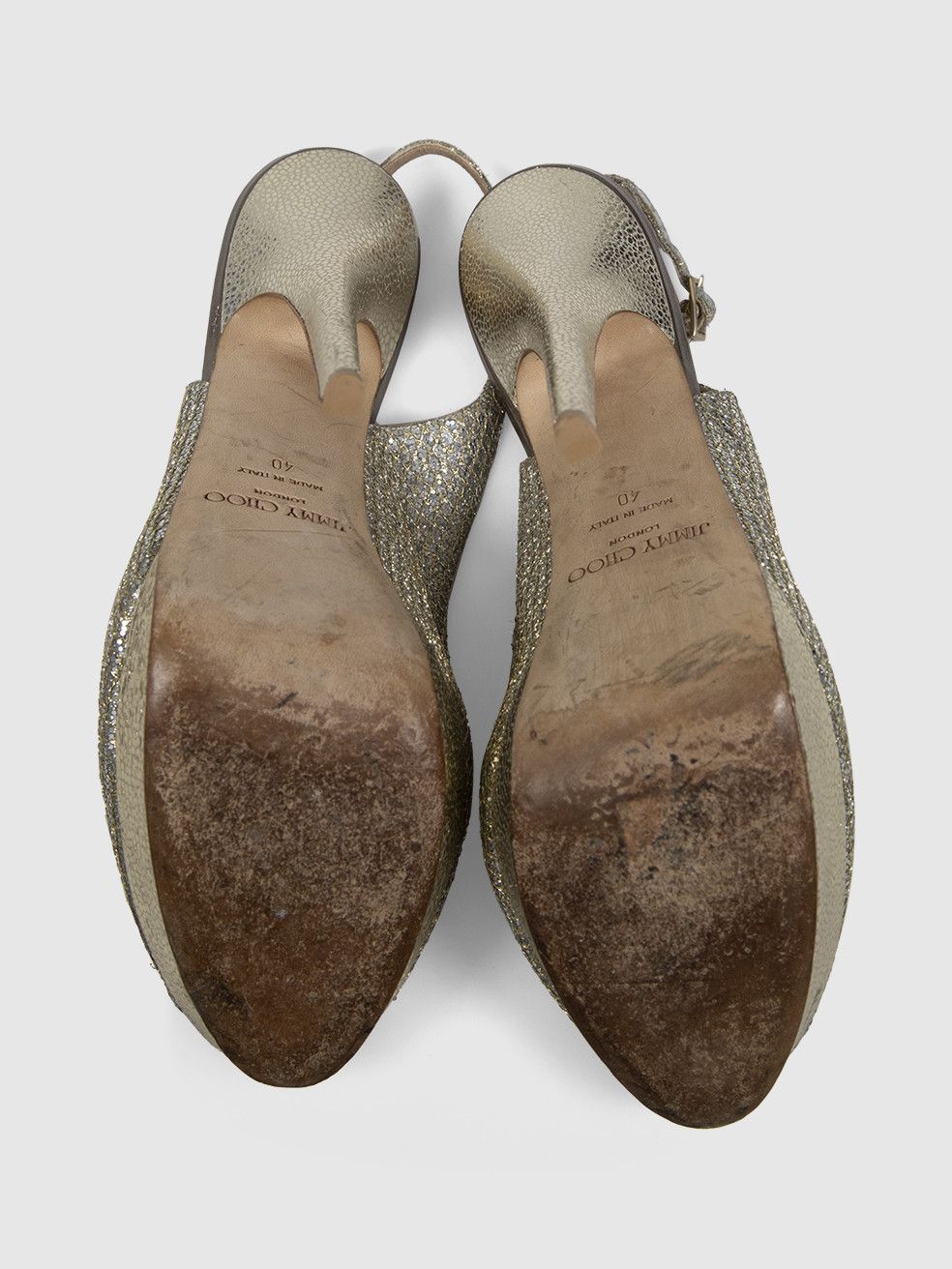Jimmy Choo Silver Glitter & Gold Leather Heels Size US 10 / IT 40 - 6 Thumbnail