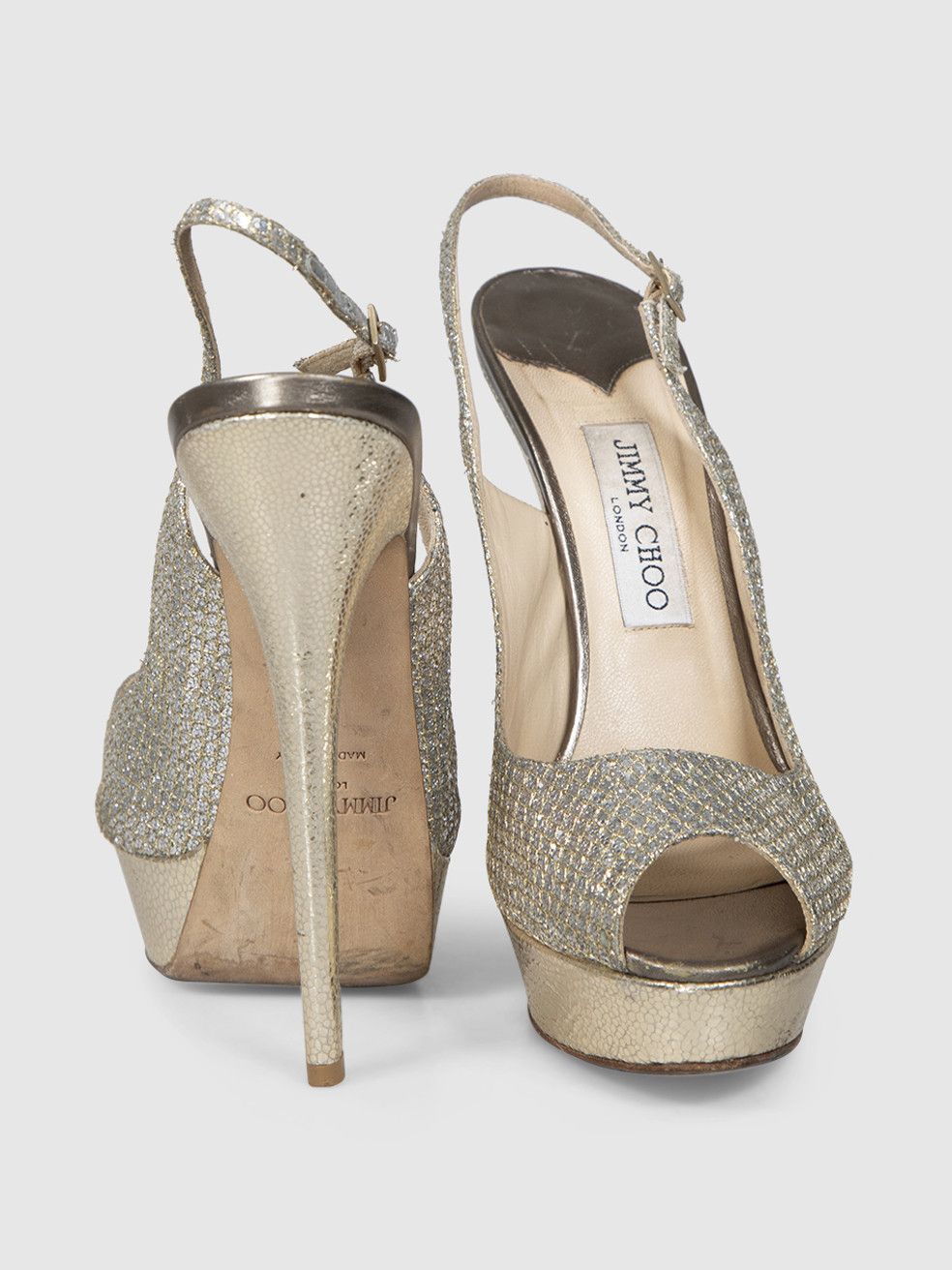 Jimmy Choo Silver Glitter & Gold Leather Heels Size US 10 / IT 40 - 5 Thumbnail