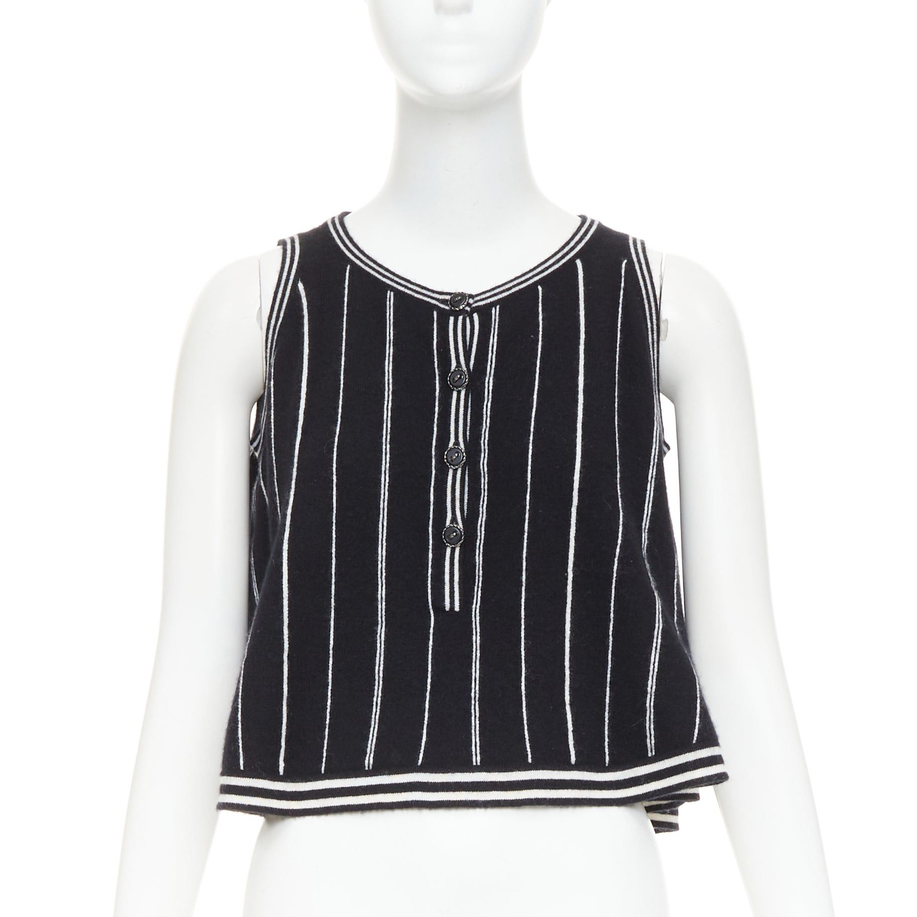 Chanel CHANEL 2015 100% cashmere black white striped A-line flared crop camisole tank FR 34/36 Size S / US 4 / IT 40 - 3 Thumbnail