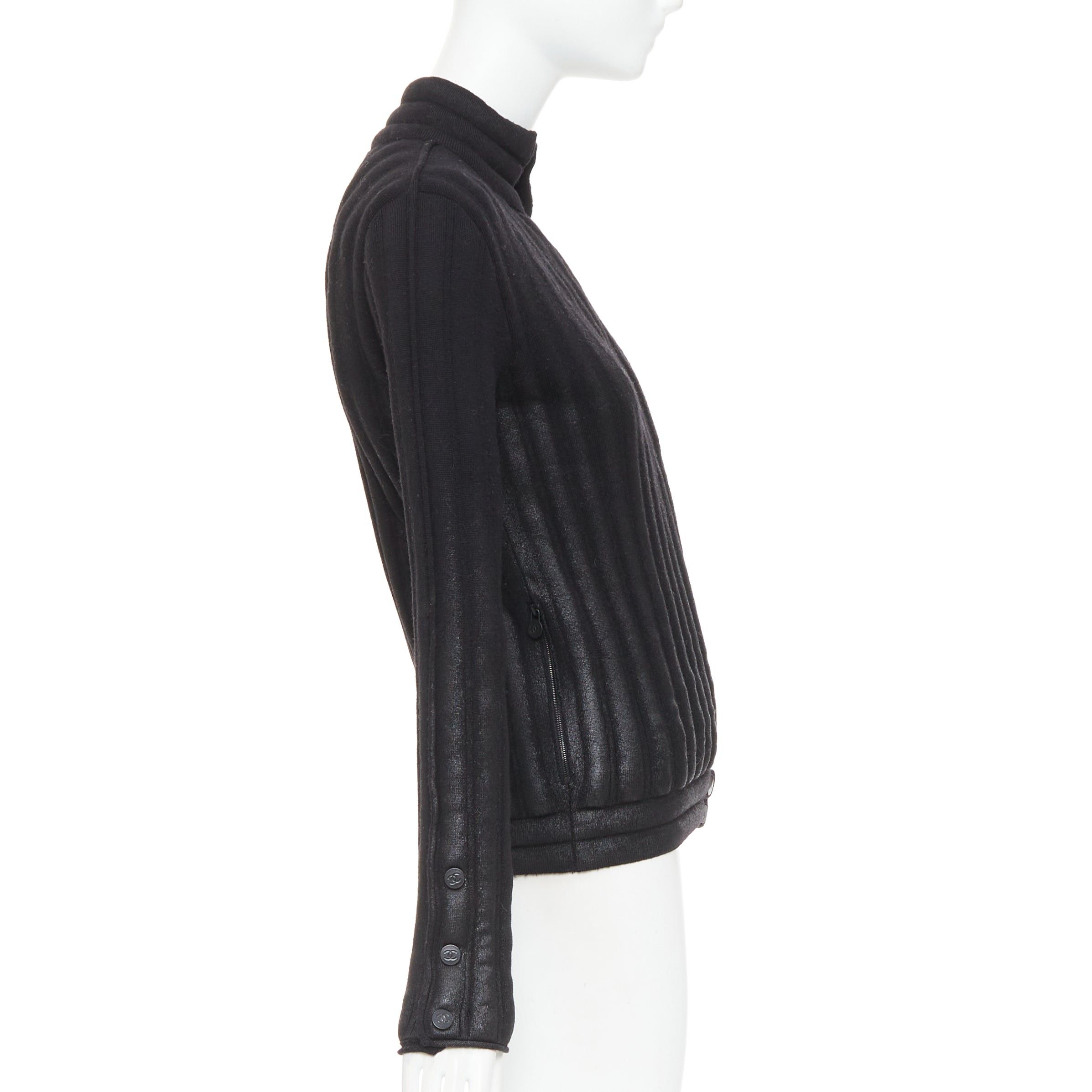 Chanel CHANEL 100% wool black metallic coated CC logo back tubular padded biker jacket FR34 XS Size XS / US 0-2 / IT 36-38 - 5 Thumbnail