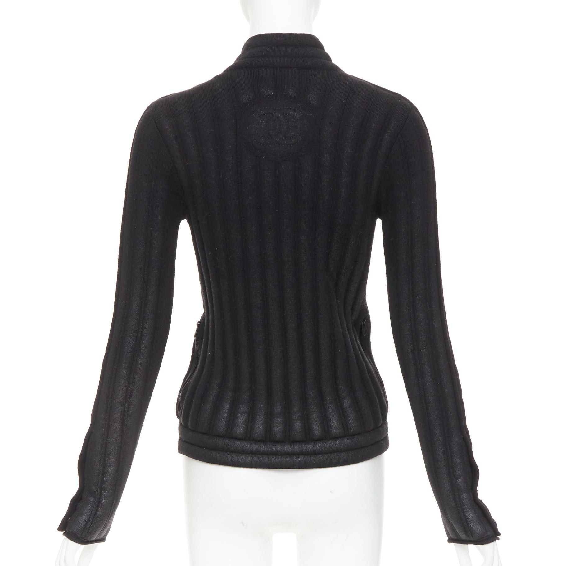 Chanel CHANEL 100% wool black metallic coated CC logo back tubular padded biker jacket FR34 XS Size XS / US 0-2 / IT 36-38 - 6 Thumbnail