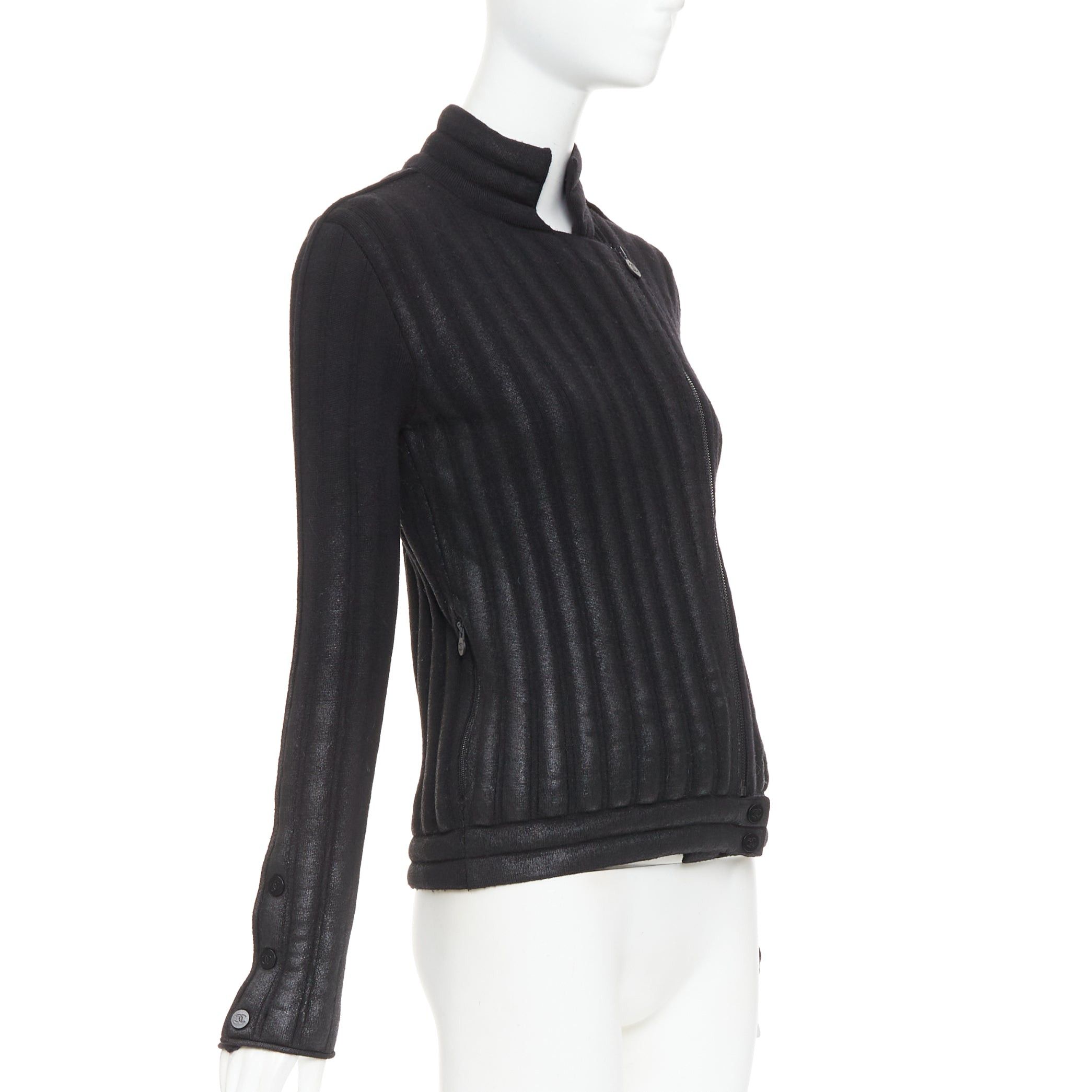 Chanel CHANEL 100% wool black metallic coated CC logo back tubular padded biker jacket FR34 XS Size XS / US 0-2 / IT 36-38 - 4 Thumbnail