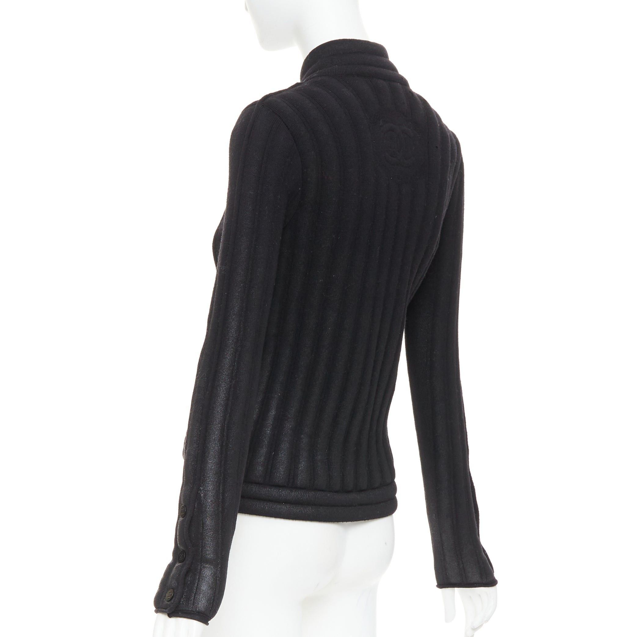 Chanel CHANEL 100% wool black metallic coated CC logo back tubular padded biker jacket FR34 XS Size XS / US 0-2 / IT 36-38 - 7 Thumbnail
