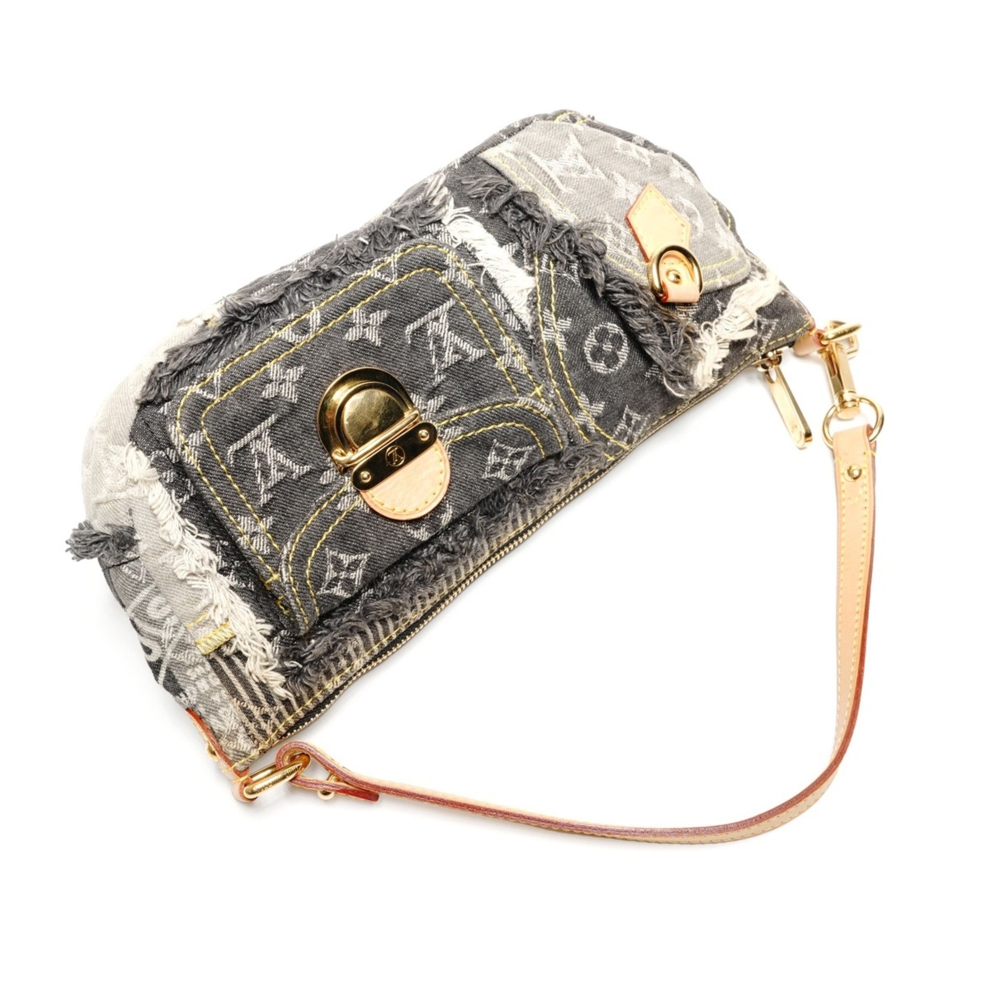 Louis Vuitton Louis Vuitton 2007 Monogram Denim Patchwork Pouch Shoulder Bag, Gray, WS27229 Size ONE SIZE - 9 Thumbnail