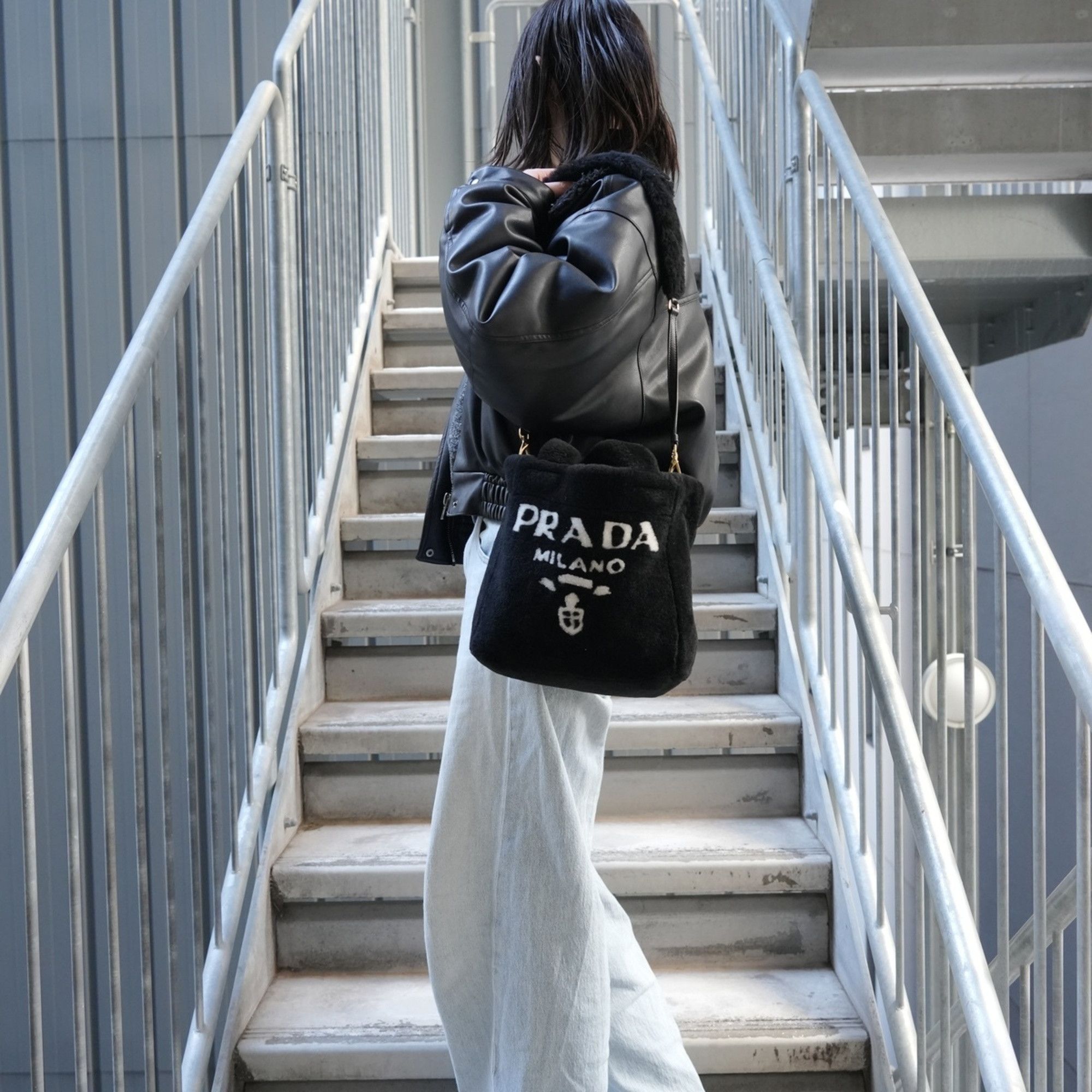 Prada Prada Shearling and Sheepfur Logo 2-Way Handbag, Black, WS27109 Size ONE SIZE - 18 Thumbnail