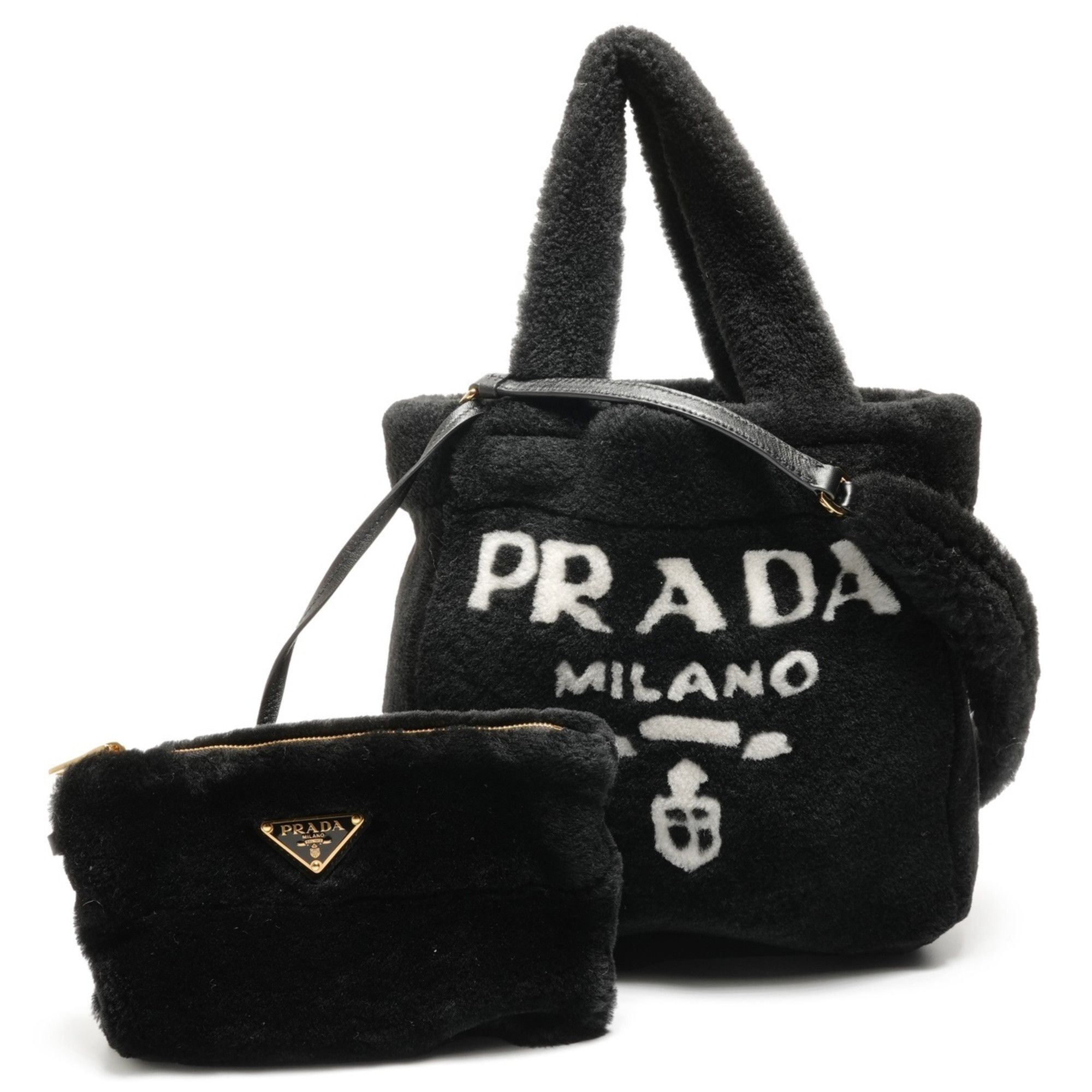 Prada Prada Shearling and Sheepfur Logo 2-Way Handbag, Black, WS27109 Size ONE SIZE - 2 Thumbnail