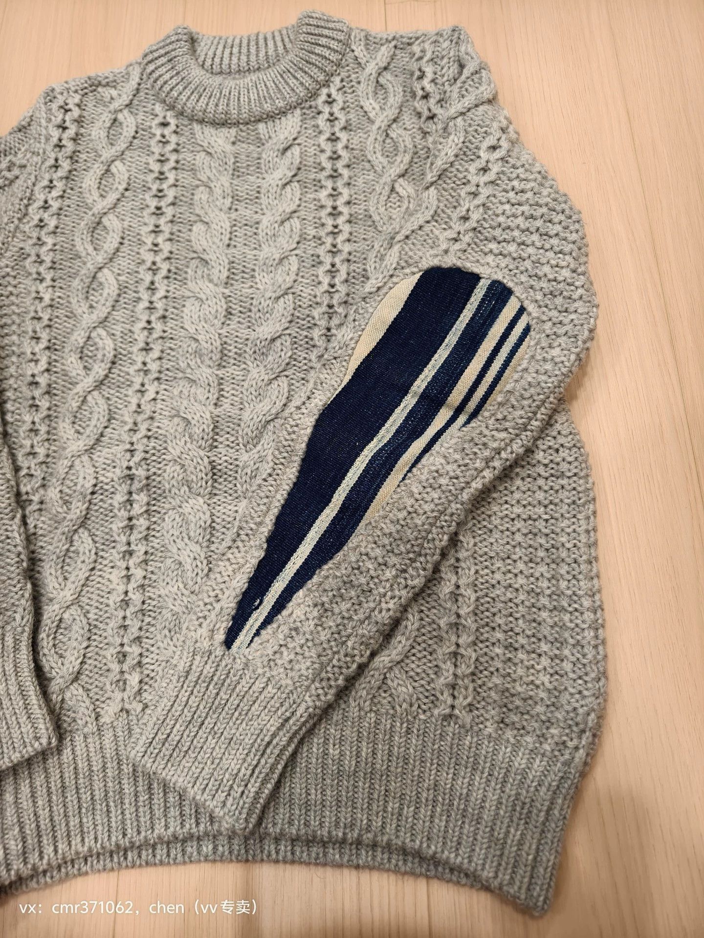 Visvim Gray Cable Knit Sweater with Striped Sleeves (L) Size US L / EU 52-54 / 3 - 3 Thumbnail