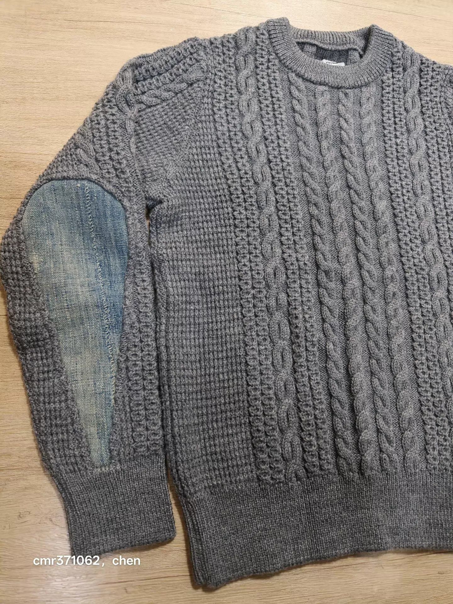 Visvim Gray Cable Knit Sweater w/ Denim Elbow Patches (M) Size US M / EU 48-50 / 2 - 2 Thumbnail