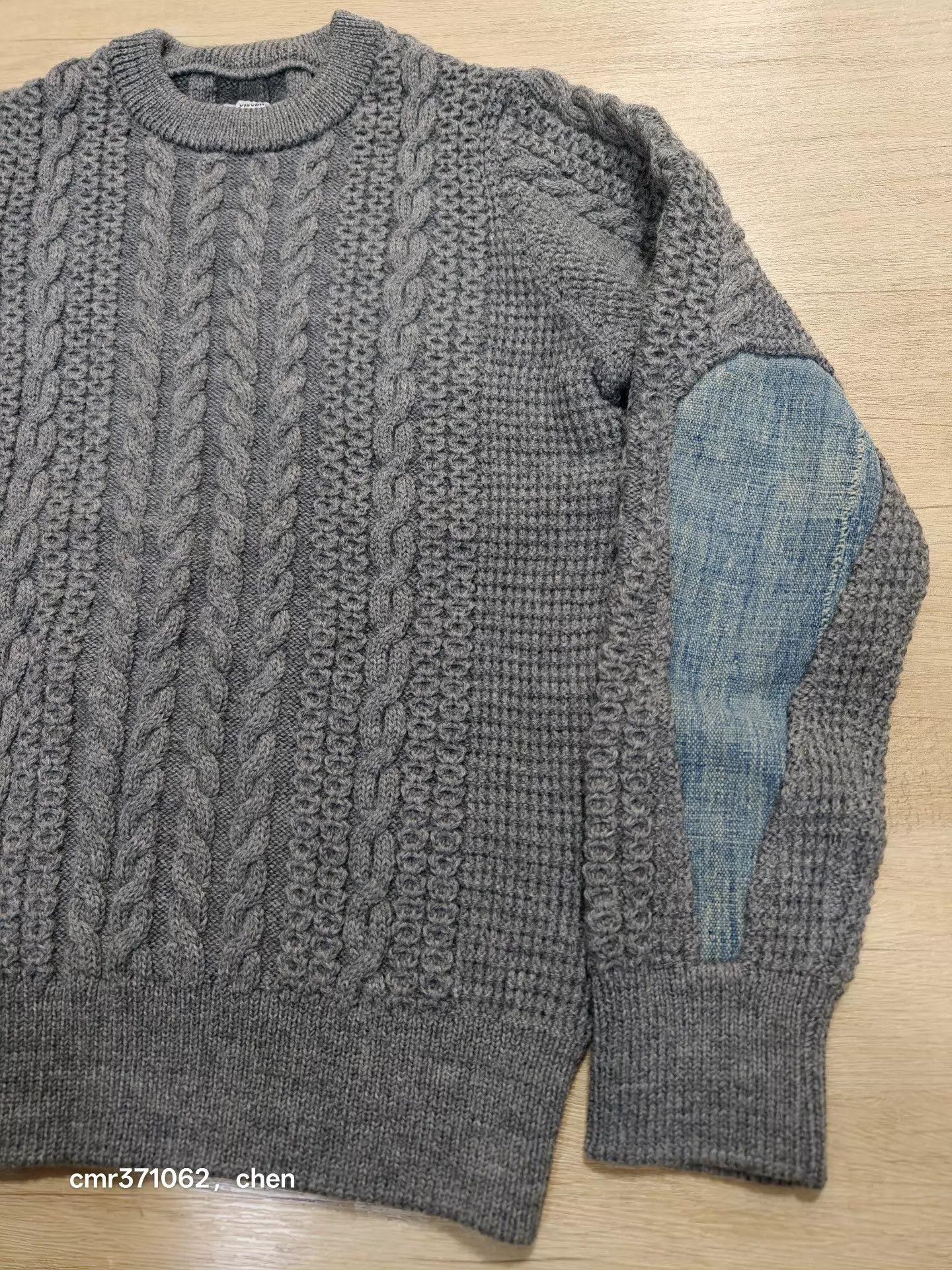 Visvim Gray Cable Knit Sweater w/ Denim Elbow Patches (M) Size US M / EU 48-50 / 2 - 3 Thumbnail