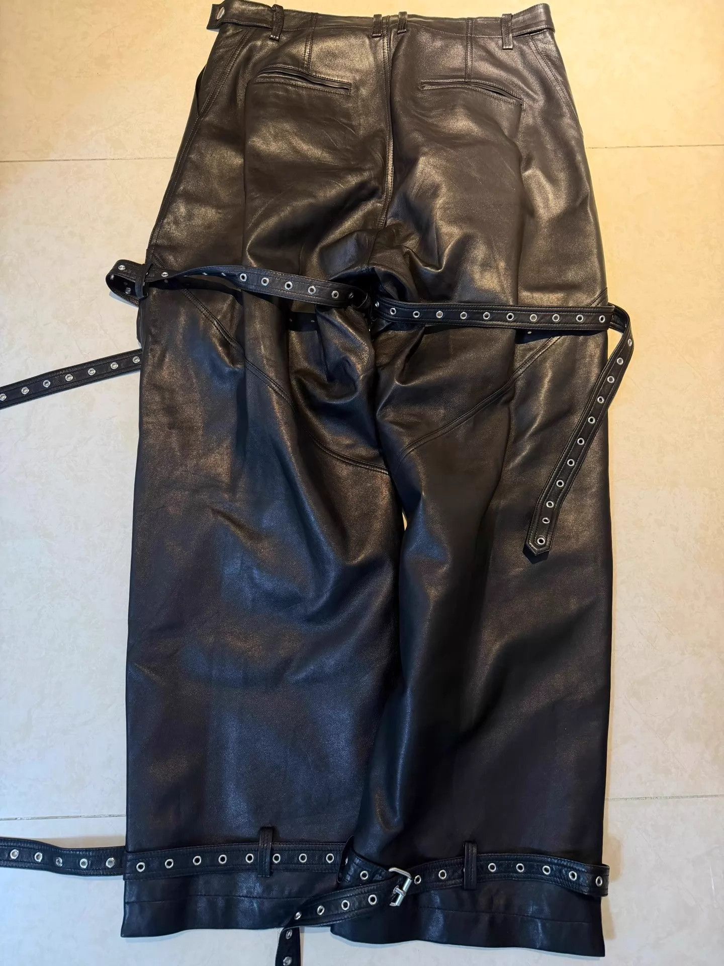 WE11DONE Black Leather Pants with Zipper Details and Straps Size US 34 / EU 50 - 4 Thumbnail