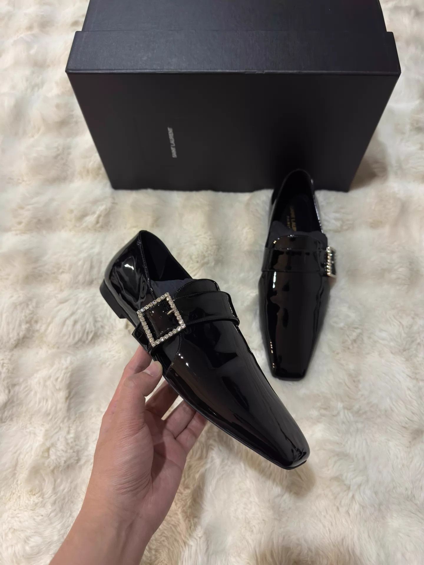 Saint Laurent Paris Black Patent Leather Slip-On Shoes with Crystal Buckle Size US 7 / EU 40 - 3 Thumbnail