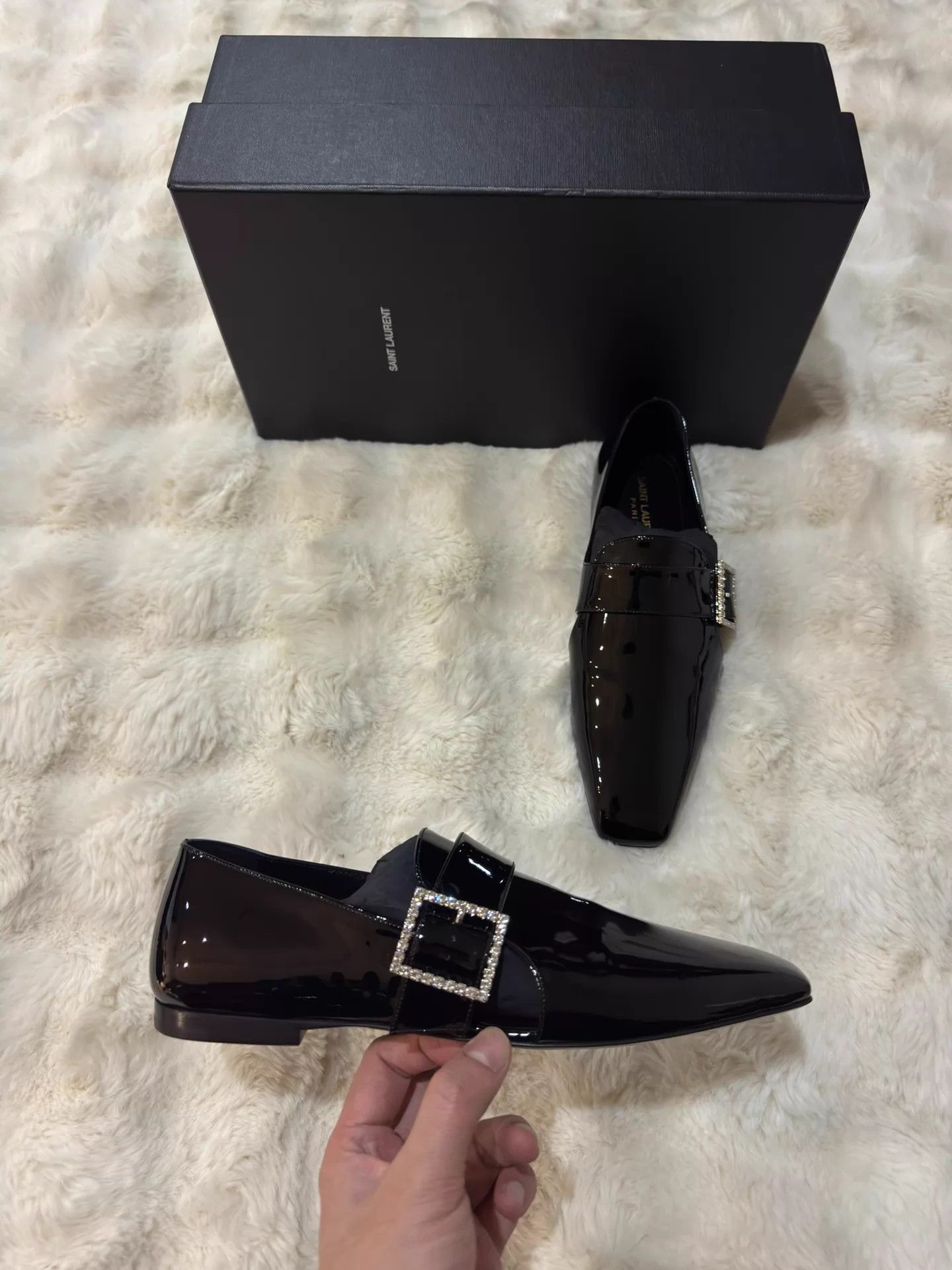 Saint Laurent Paris Black Patent Leather Slip-On Shoes with Crystal Buckle Size US 7 / EU 40 - 2 Thumbnail