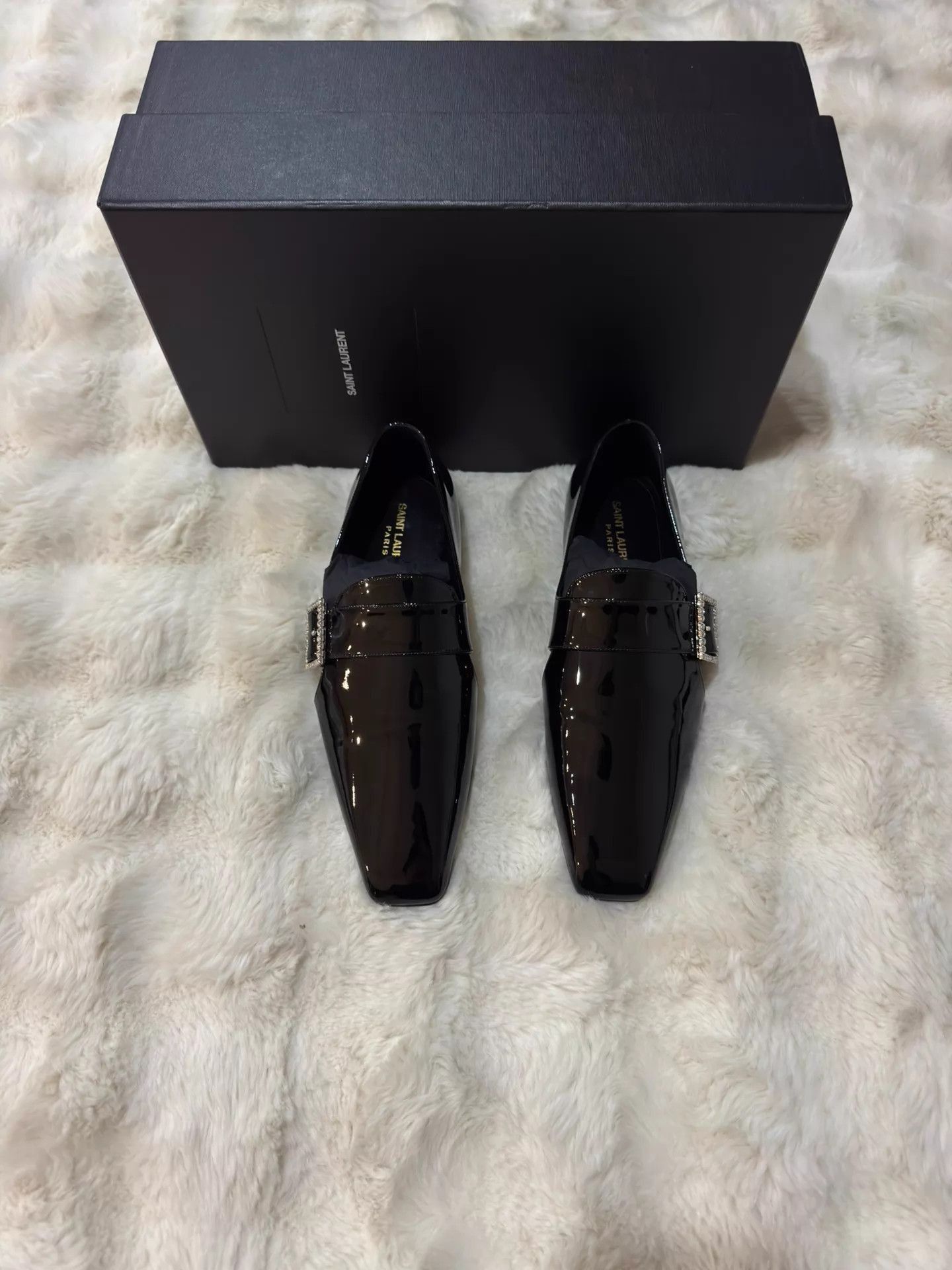 Saint Laurent Paris Black Patent Leather Slip-On Shoes with Crystal Buckle Size US 7 / EU 40 - 4 Thumbnail