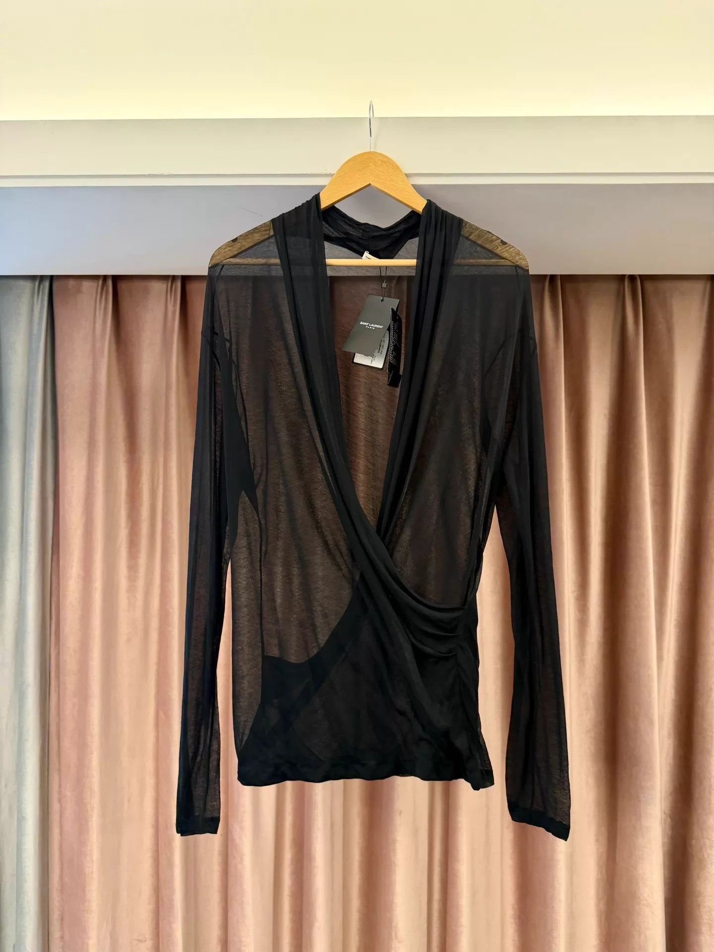 Saint Laurent Paris Black Wrap Front Long Sleeve Mesh Top Size US XL / EU 56 / 4 - 7 Thumbnail