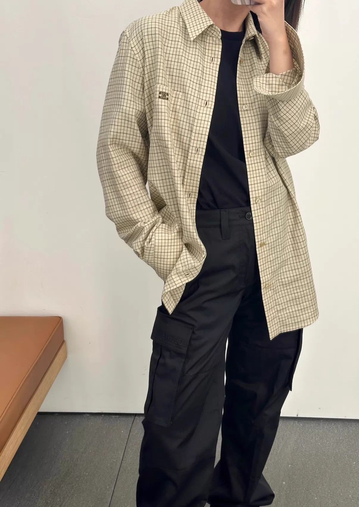 Celine Beige Checkered Long Sleeve Button-Up Shirt M Size US M / EU 48-50 / 2 - 8 Thumbnail