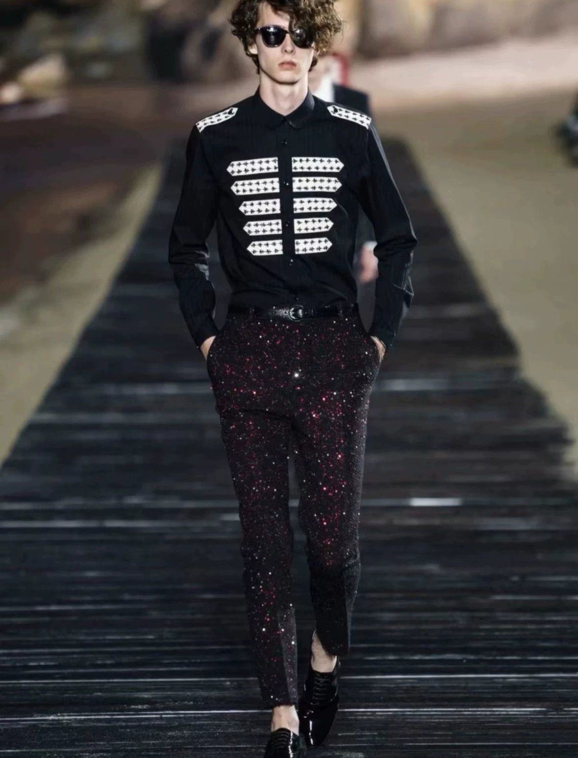 Saint Laurent Paris Black Long Sleeve Button-Up Shirt with White Patterns Size US L / EU 52-54 / 3 - 6 Thumbnail